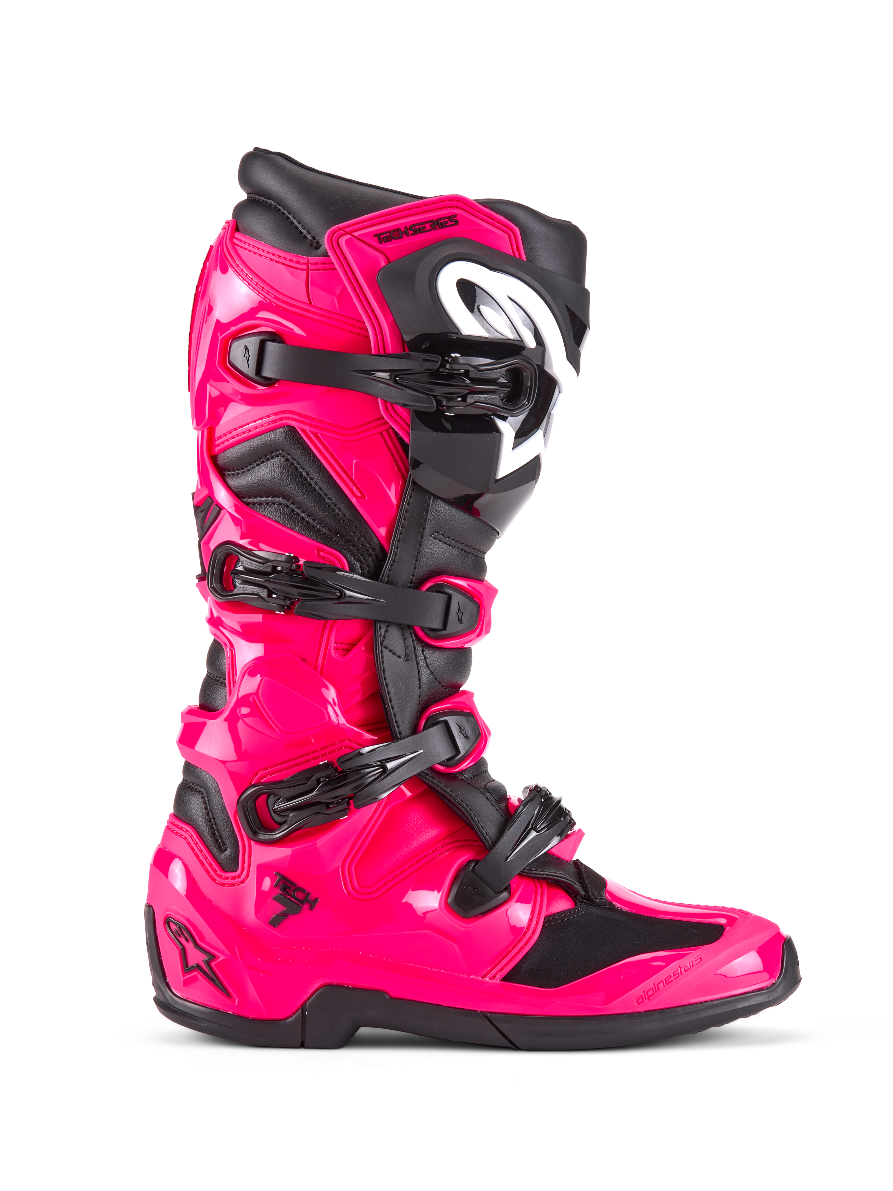 Botas Alpinestars Tech 7, botas de motocross y off-road, rosa Diva y negro, carcasa de TPU rosa brillante con detalles negros, cuatro hebillas negras ajustables, protección de espinilla reforzada, calzado de competición profesional