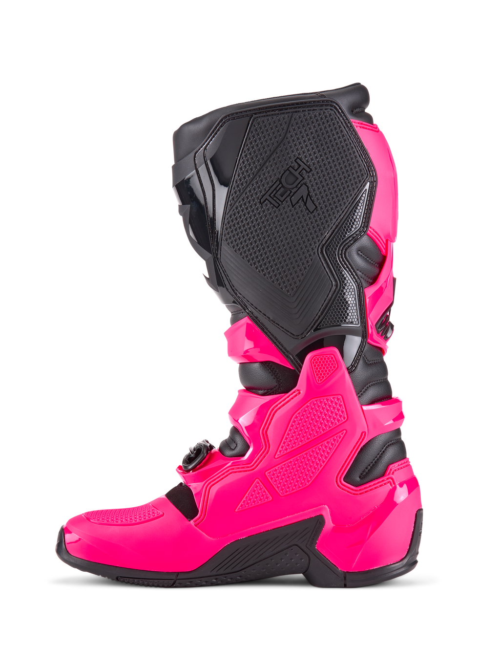 Botas de motocross Alpinestars Tech 7, rosa diva y negro, perfil lateral con carcasa protectora de TPU, paneles de agarre medial texturizados con la marca Tech 7 y suela negra resistente, calzado de competición todoterreno de alto rendimiento