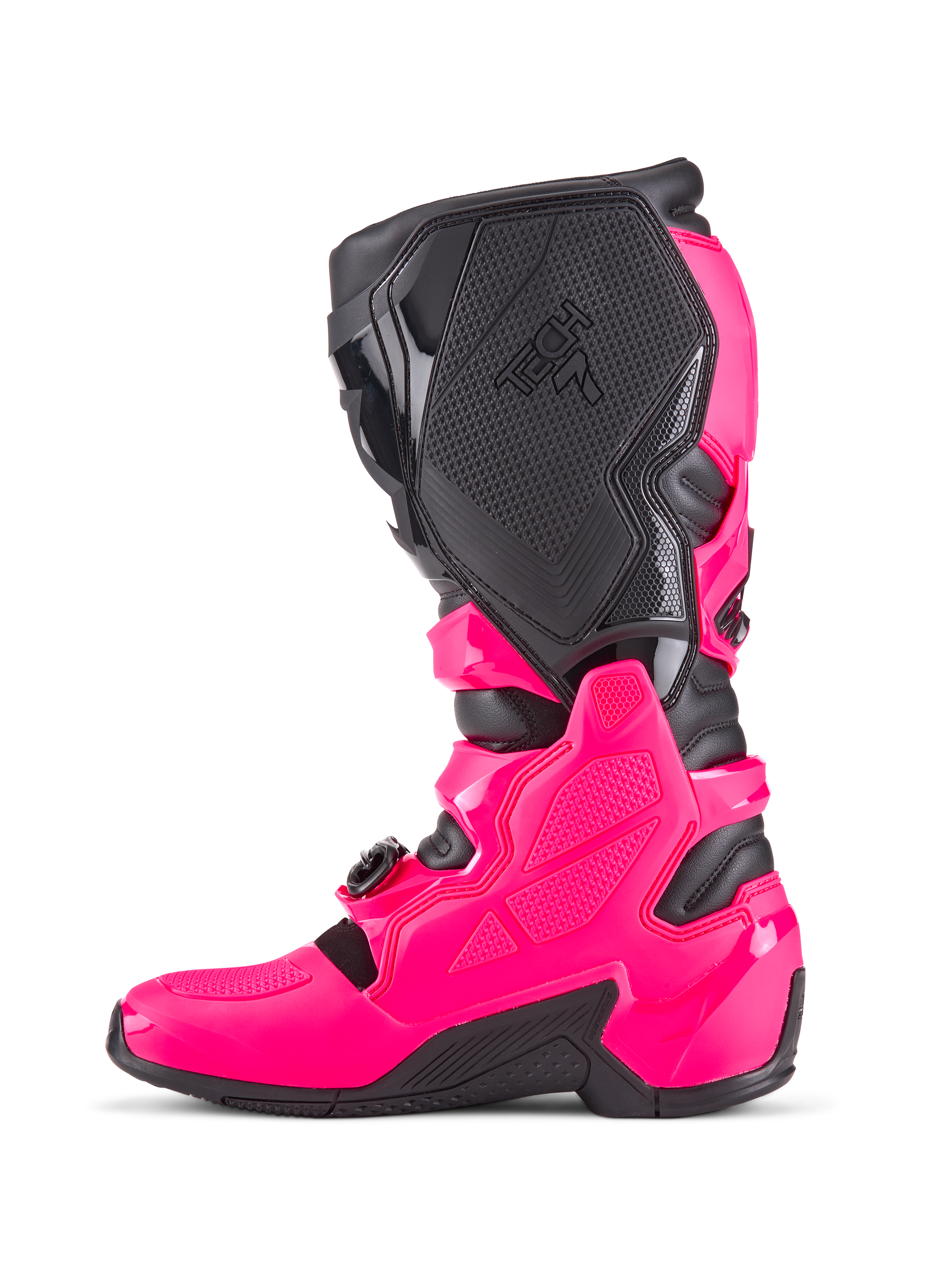 Botas de motocross Alpinestars Tech 7, rosa diva y negro, perfil lateral con carcasa protectora de TPU, paneles de agarre medial texturizados con la marca Tech 7 y suela negra resistente, calzado de competición todoterreno de alto rendimiento