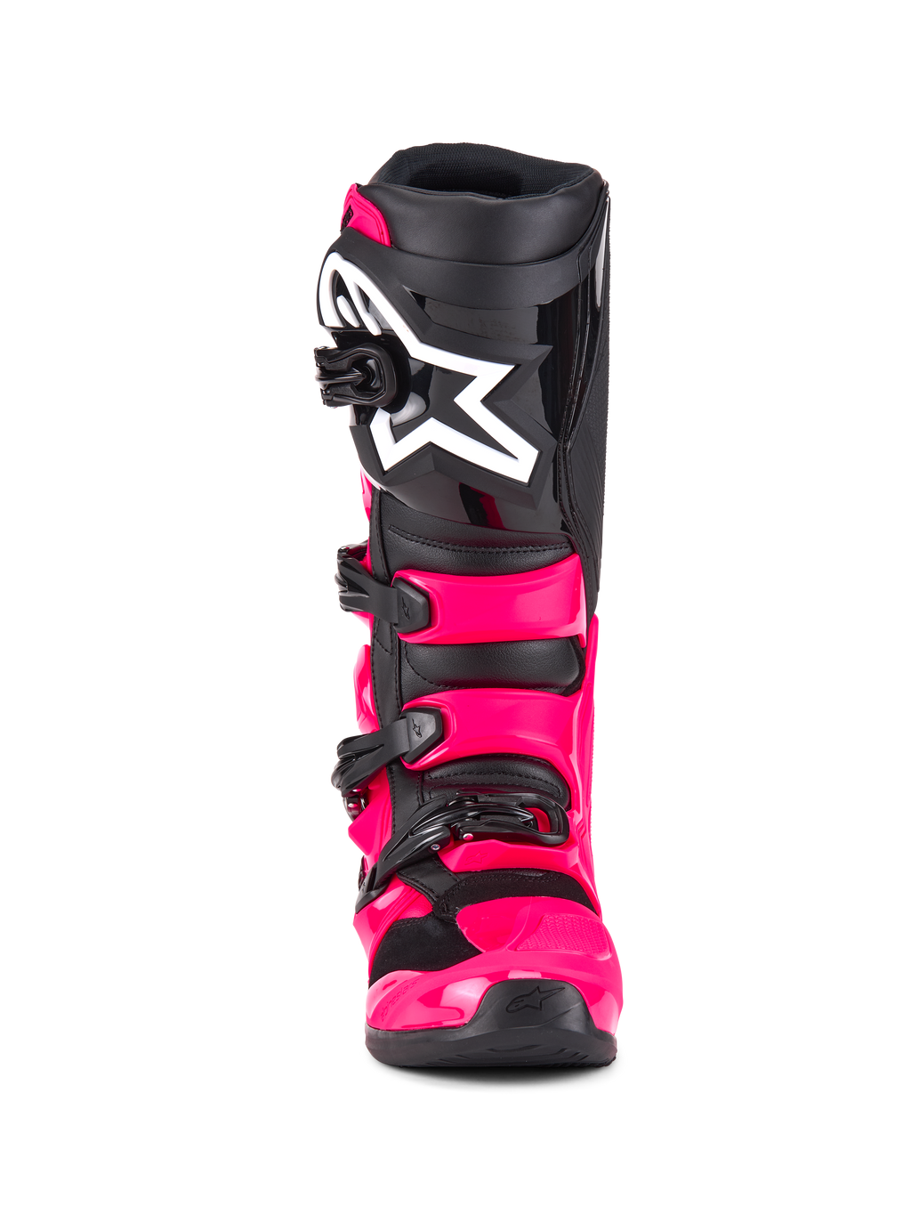 Botas Alpinestars Tech 7, botas de motocross, Diva Pink Black, vista frontal, con carcasa y correas de TPU en rosa brillante, espinillera negra con un gran logotipo de la estrella de Alpinestars en blanco y hebillas negras seguras.