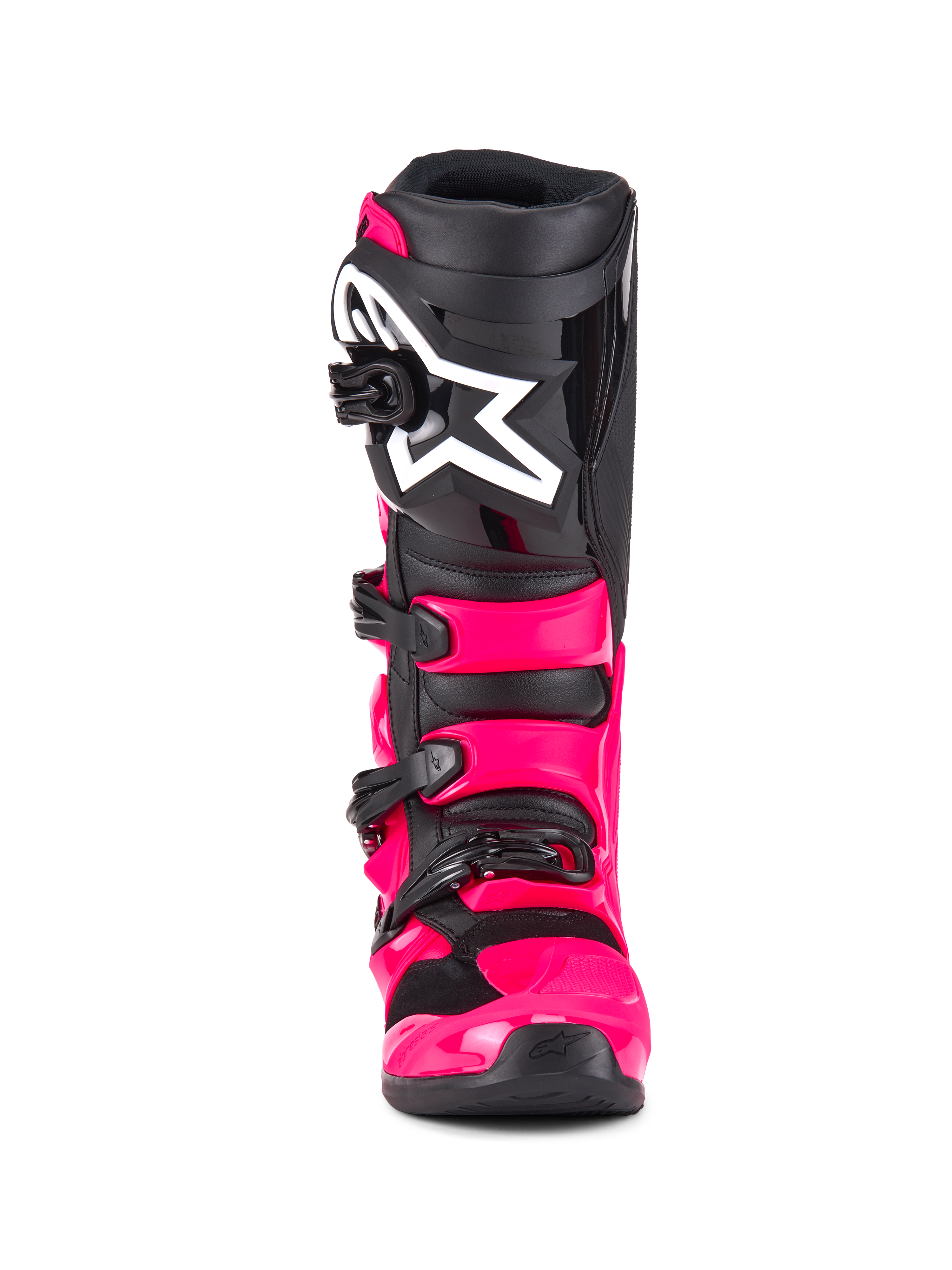 Botas Alpinestars Tech 7, botas de motocross, Diva Pink Black, vista frontal, con carcasa y correas de TPU en rosa brillante, espinillera negra con un gran logotipo de la estrella de Alpinestars en blanco y hebillas negras seguras.