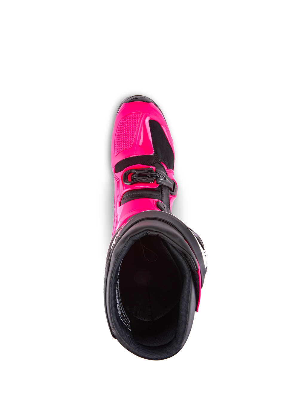Botas Alpinestars Tech 7, botas de motocross, color rosa diva y negro, vista desde arriba del forro interior, mostrando la carcasa exterior de TPU rosa y el detalle de la hebilla, diseñadas para un rendimiento off-road