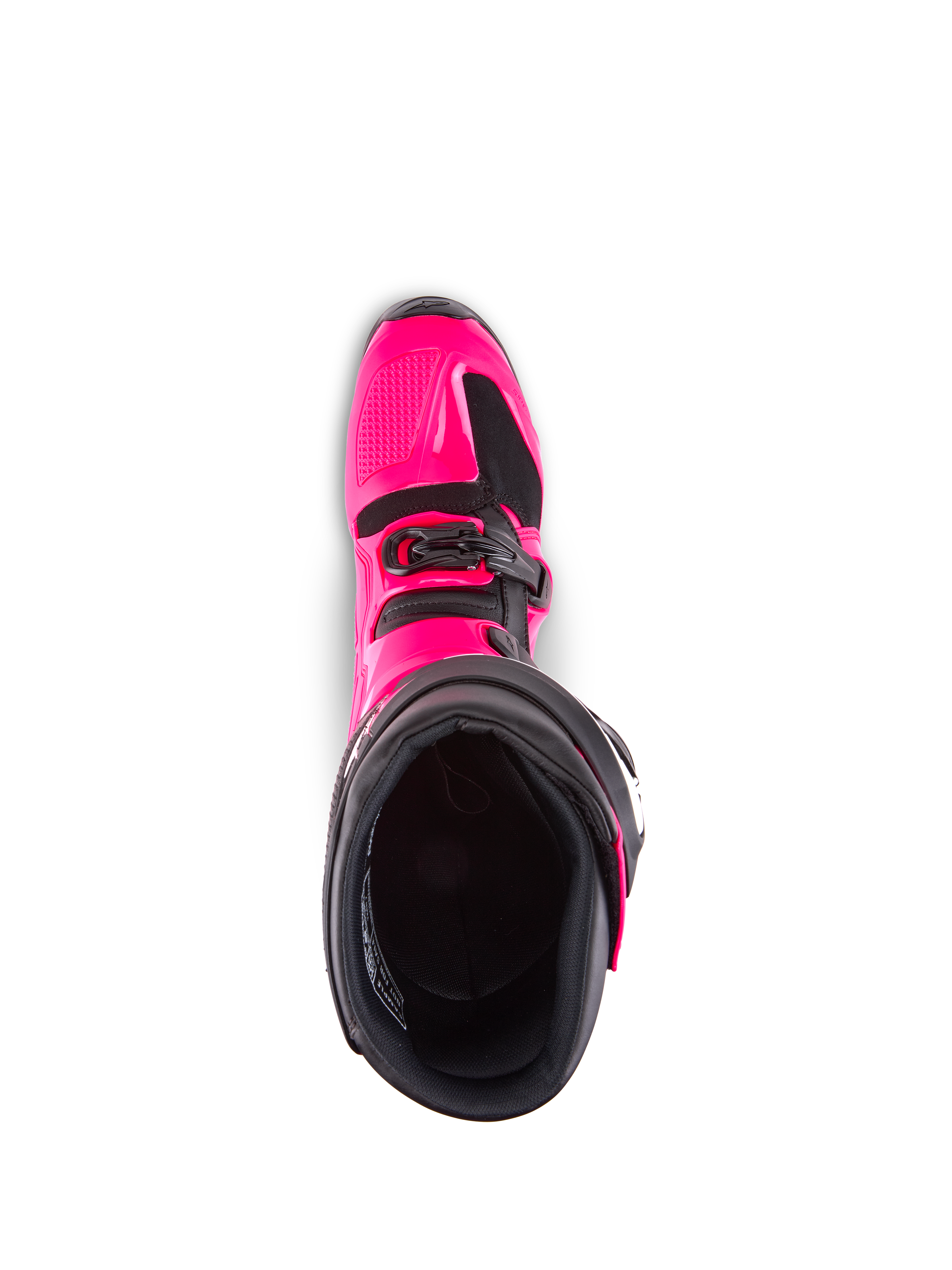 Botas Alpinestars Tech 7, botas de motocross, color rosa diva y negro, vista desde arriba del forro interior, mostrando la carcasa exterior de TPU rosa y el detalle de la hebilla, diseñadas para un rendimiento off-road