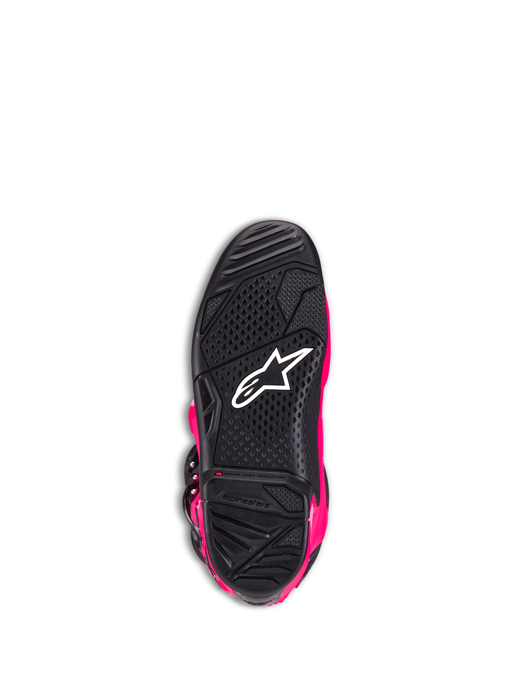 Botas Alpinestars Tech 7, botas de motocross, rosa diva y negro, vista inferior de la suela que muestra la goma negra texturizada, el logotipo blanco de Alpinestars y el indicador de límite de desgaste, calzado todoterreno de alto rendimiento