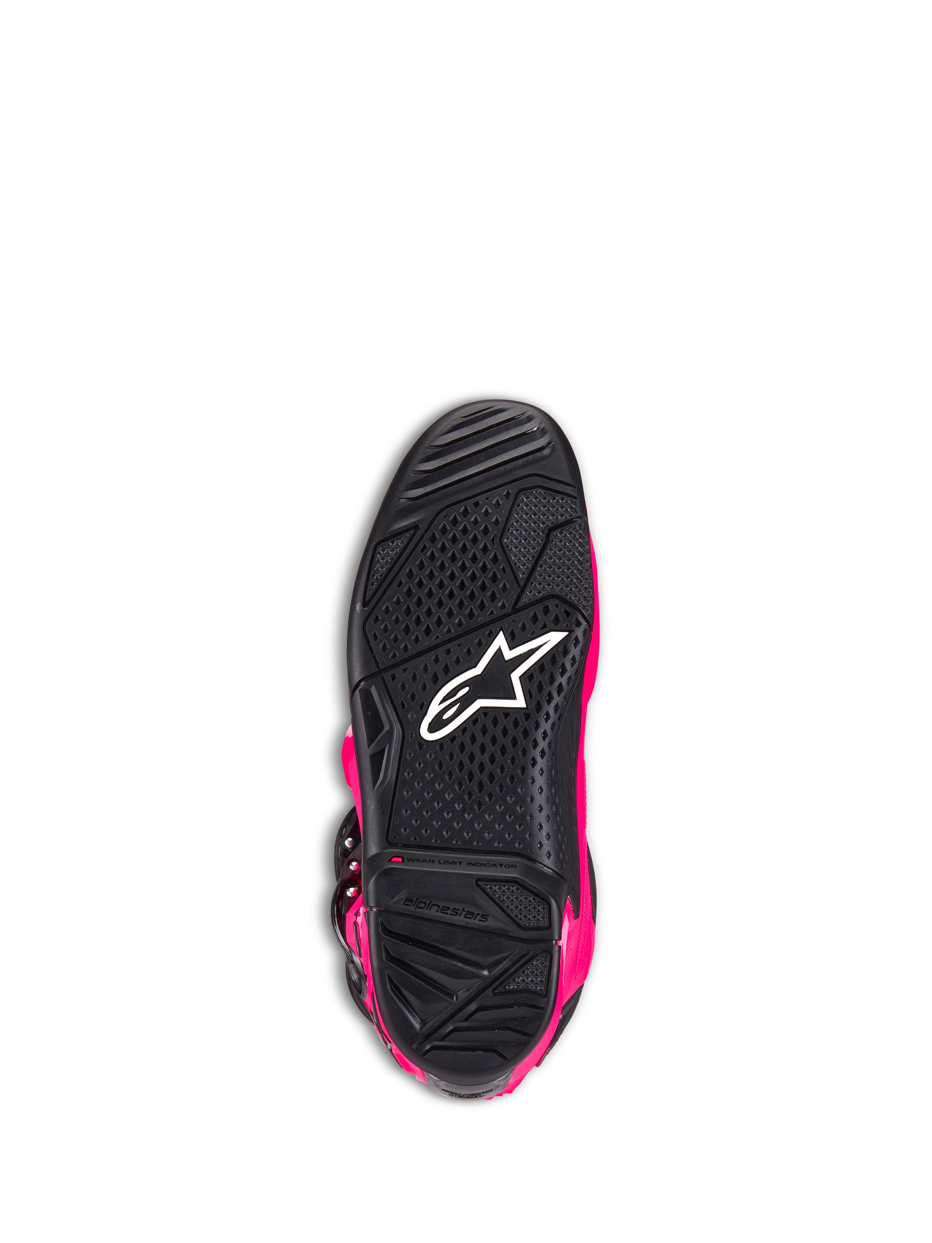 Botas Alpinestars Tech 7, botas de motocross, rosa diva y negro, vista inferior de la suela que muestra la goma negra texturizada, el logotipo blanco de Alpinestars y el indicador de límite de desgaste, calzado todoterreno de alto rendimiento