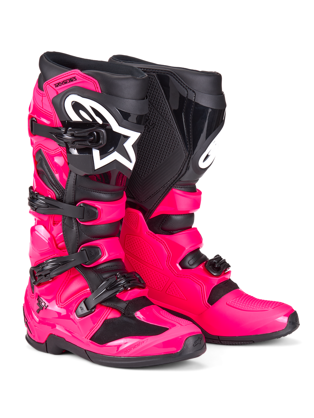 Botas Alpinestars Tech 7, botas de motocross, rosa diva y negro, con una robusta carcasa de TPU, sistema de cierre de cuatro hebillas y el prominente logotipo de Alpinestars en blanco, calzado de alto rendimiento para off-road