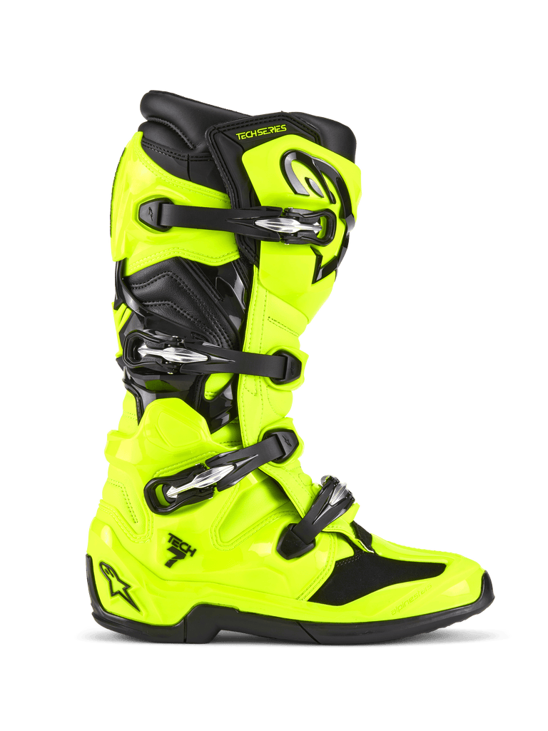 Alpinestars Tech 7 Boots, Motocross Boots, Yellow Fluo and Black, side profile view featuring a bright neon yellow TPU shell with four black buckles, reinforced heel and toe, pivot system for flexibility, and professional off-road racing aesthetic