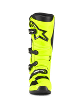 Alpinestars Tech 7 Boots, Motocross Boots, Yellow Fluo and Black, front view, featuring a bright fluorescent yellow TPU shell, black Alpinestars star logo on the shin, and adjustable buckle closure system for off-road performance.