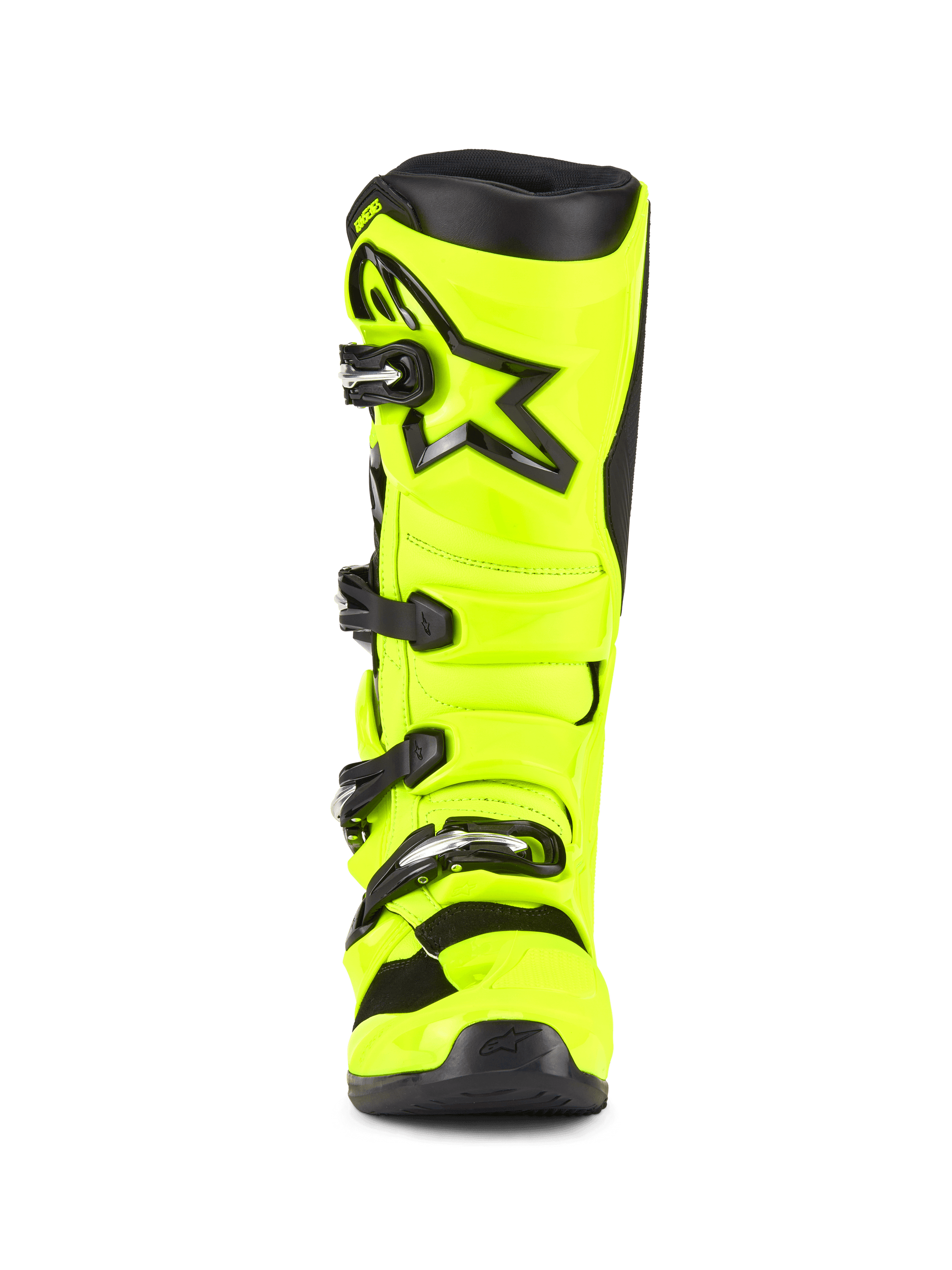 Alpinestars Tech 7 Boots, Motocross Boots, Yellow Fluo and Black, front view, featuring a bright fluorescent yellow TPU shell, black Alpinestars star logo on the shin, and adjustable buckle closure system for off-road performance.