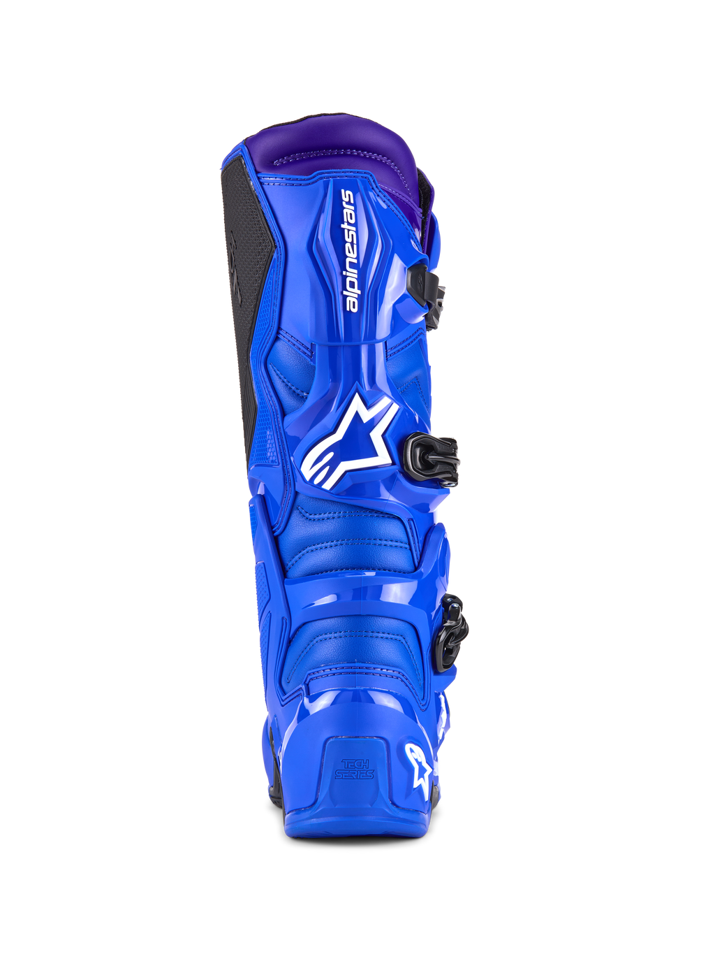 Botas Alpinestars Tech 7, botas de motocross, azul con detalles en púrpura, vista trasera que muestra la protección de TPU, logotipo blanco de Alpinestars en el talón y panel de agarre lateral negro, calzado de alto rendimiento para off-road