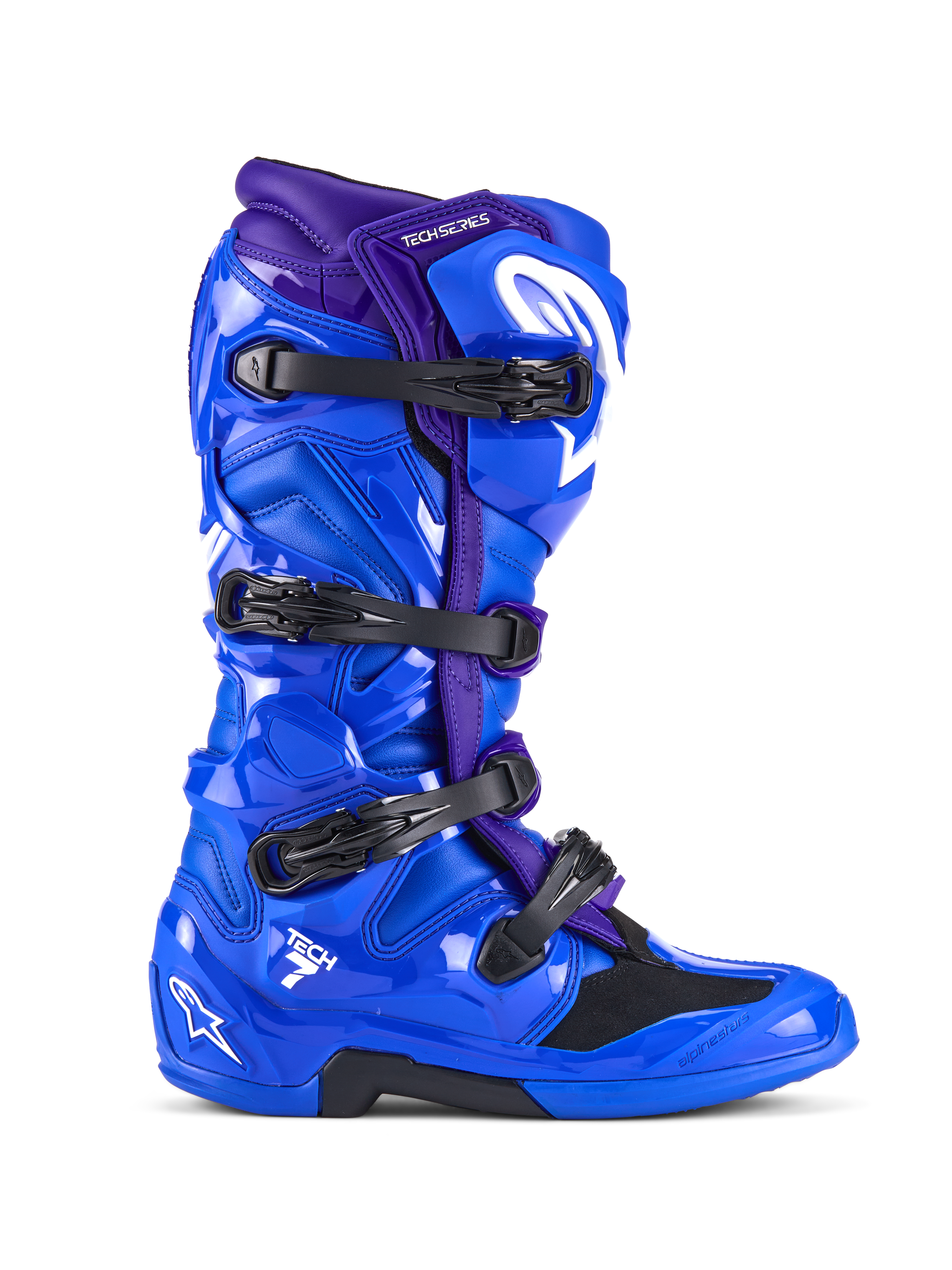 Botas Alpinestars Tech 7, botas de motocross, azules y moradas, con cuatro hebillas negras, carcasa protectora de TPU brillante con logotipo de Alpinestars en blanco, calzado duradero para competición todoterreno
