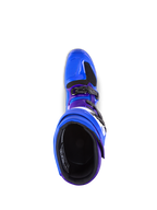 Botas Alpinestars Tech 7, botas de motocross, azules con detalles en púrpura y negro, vista superior que muestra el forro interior y el sistema de hebillas, construcción duradera de TPU y microfibra para rendimiento off-road