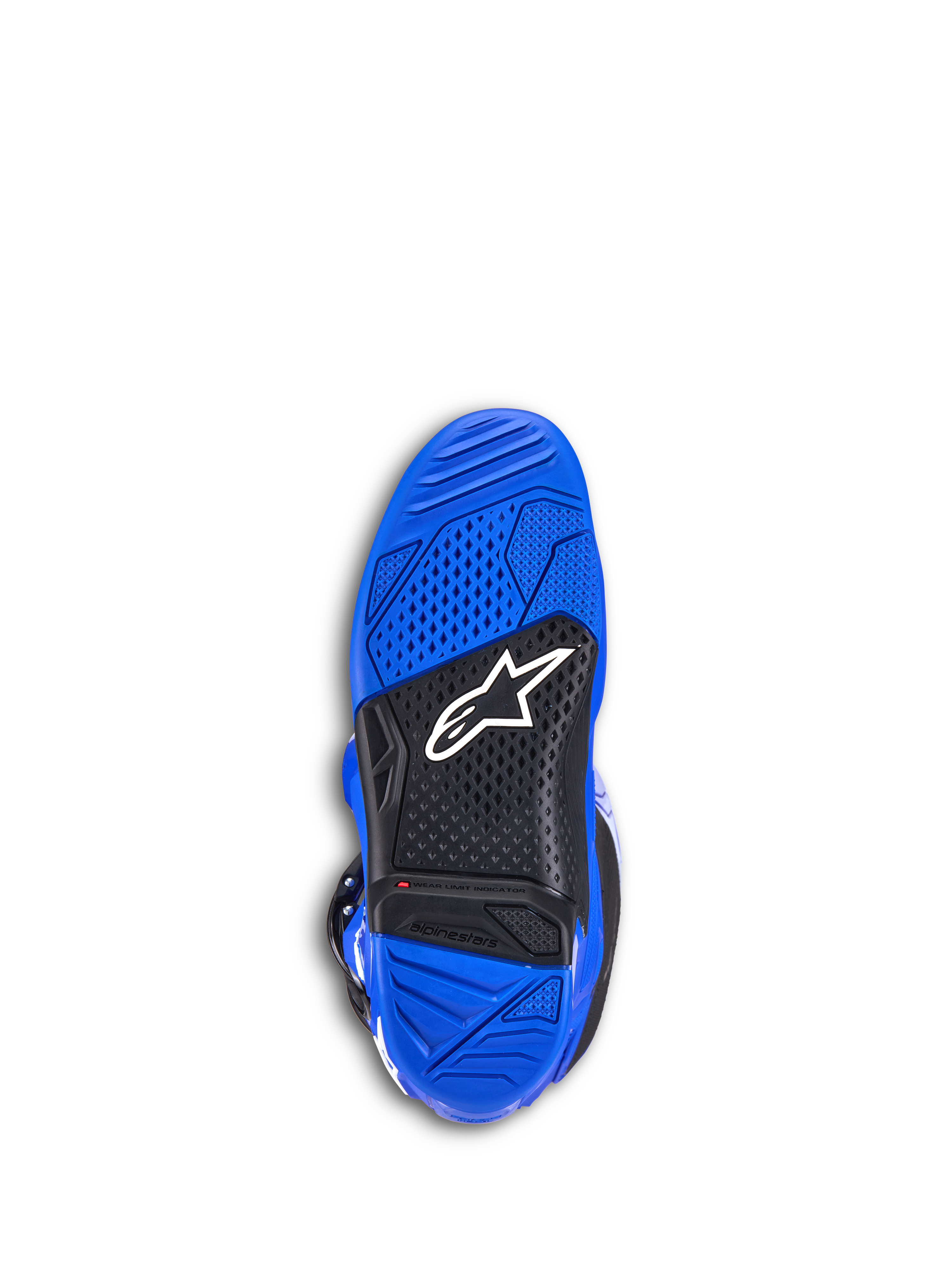 Botas Alpinestars Tech 7, botas de motocross, azul, vista inferior de la suela que muestra goma texturizada azul y negra, logotipo de Alpinestars blanco e indicador de límite de desgaste rojo, calzado todoterreno duradero