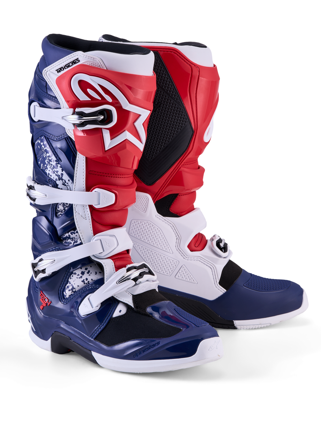 Alpinestars Tech 7 Unity edición limitada, botas de motocross rojas, blancas y azules con protección de TPU y hebillas