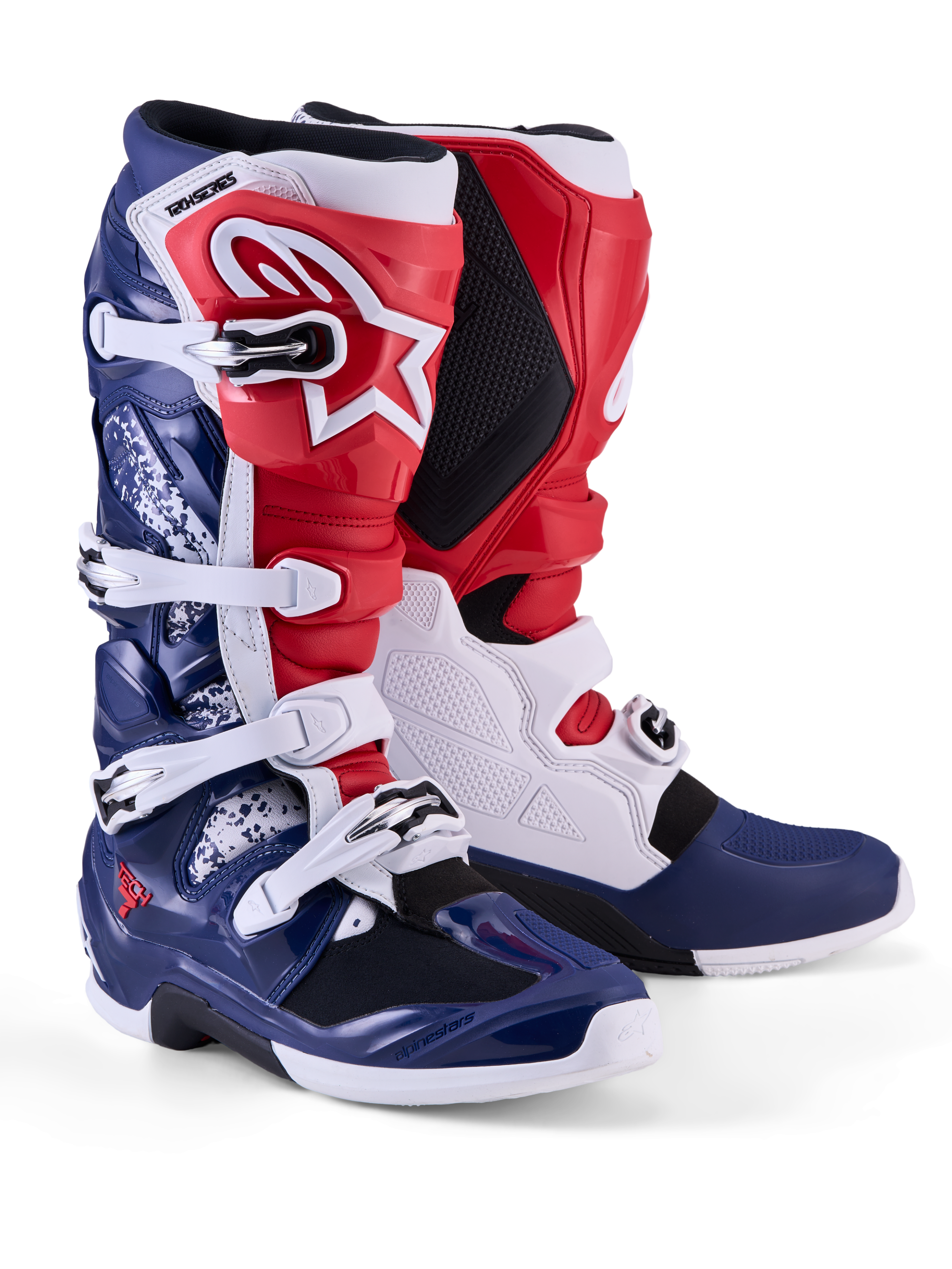 Alpinestars Tech 7 Unity edición limitada, botas de motocross rojas, blancas y azules con protección de TPU y hebillas