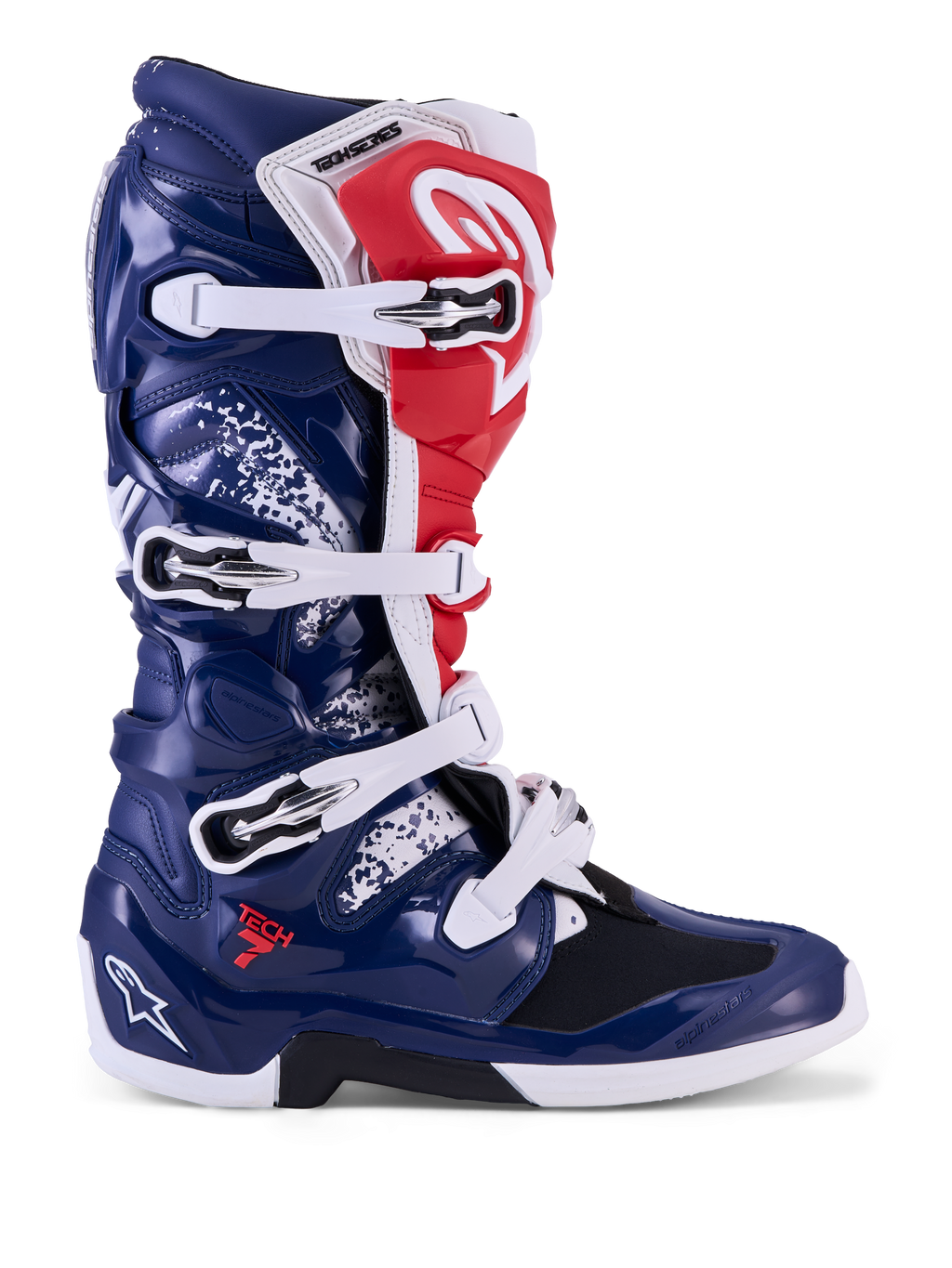 Alpinestars Tech 7, botas de motocross para hombre, edición limitada Unity, azul, blanco y rojo, con carcasa protectora de TPU y cierre de hebillas