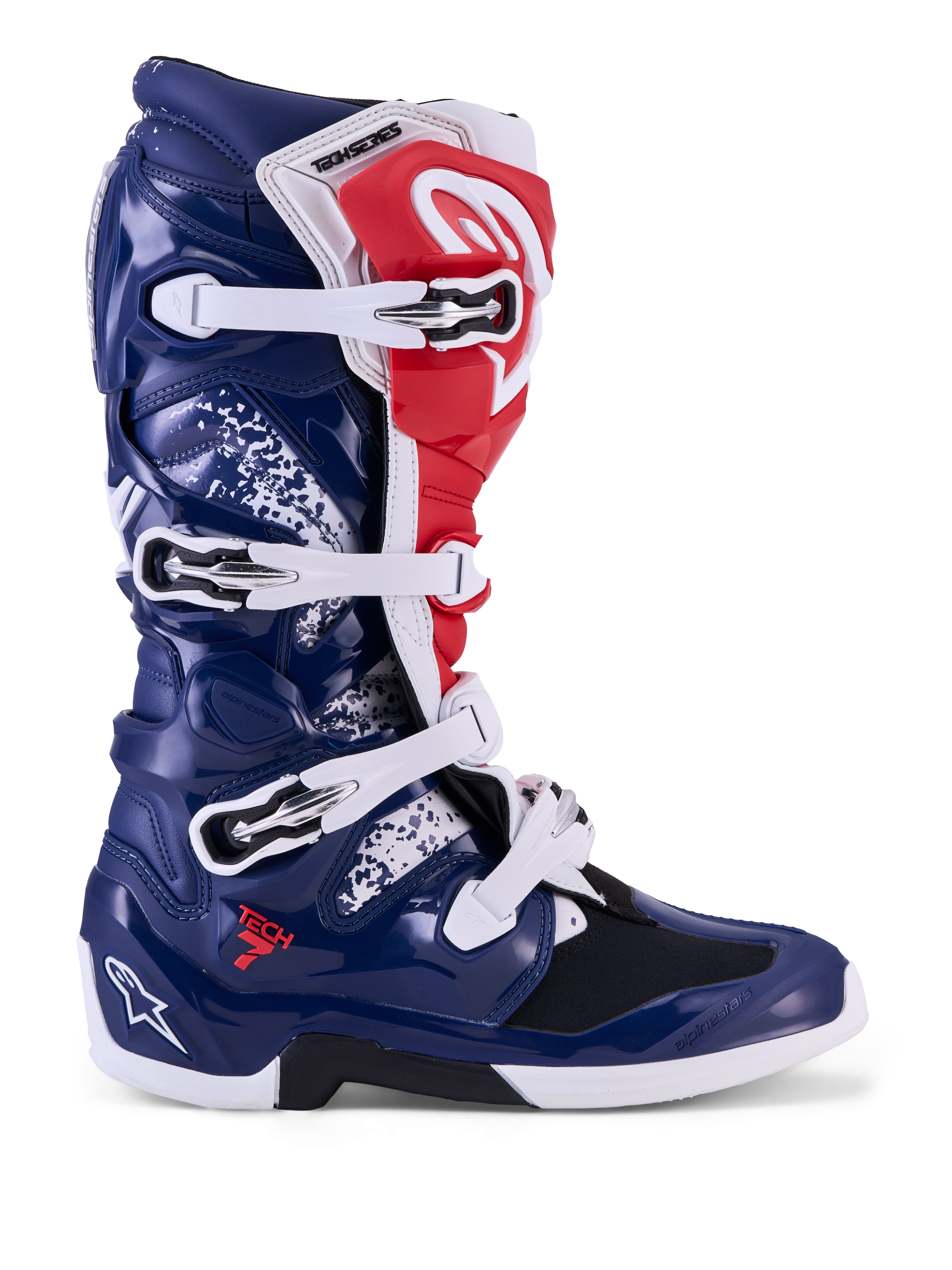 Alpinestars Tech 7, botas de motocross para hombre, edición limitada Unity, azul, blanco y rojo, con carcasa protectora de TPU y cierre de hebillas