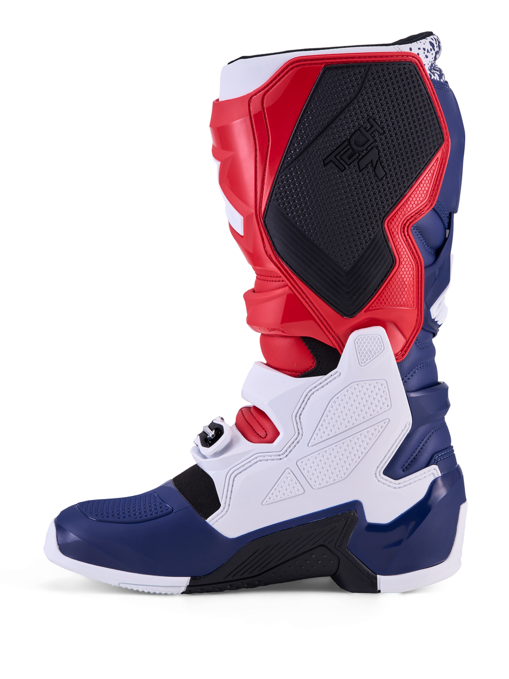 Alpinestars Tech 7, botas de motocross, rojas, blancas y azules, edición limitada Unity con paneles de TPU y hebillas.
