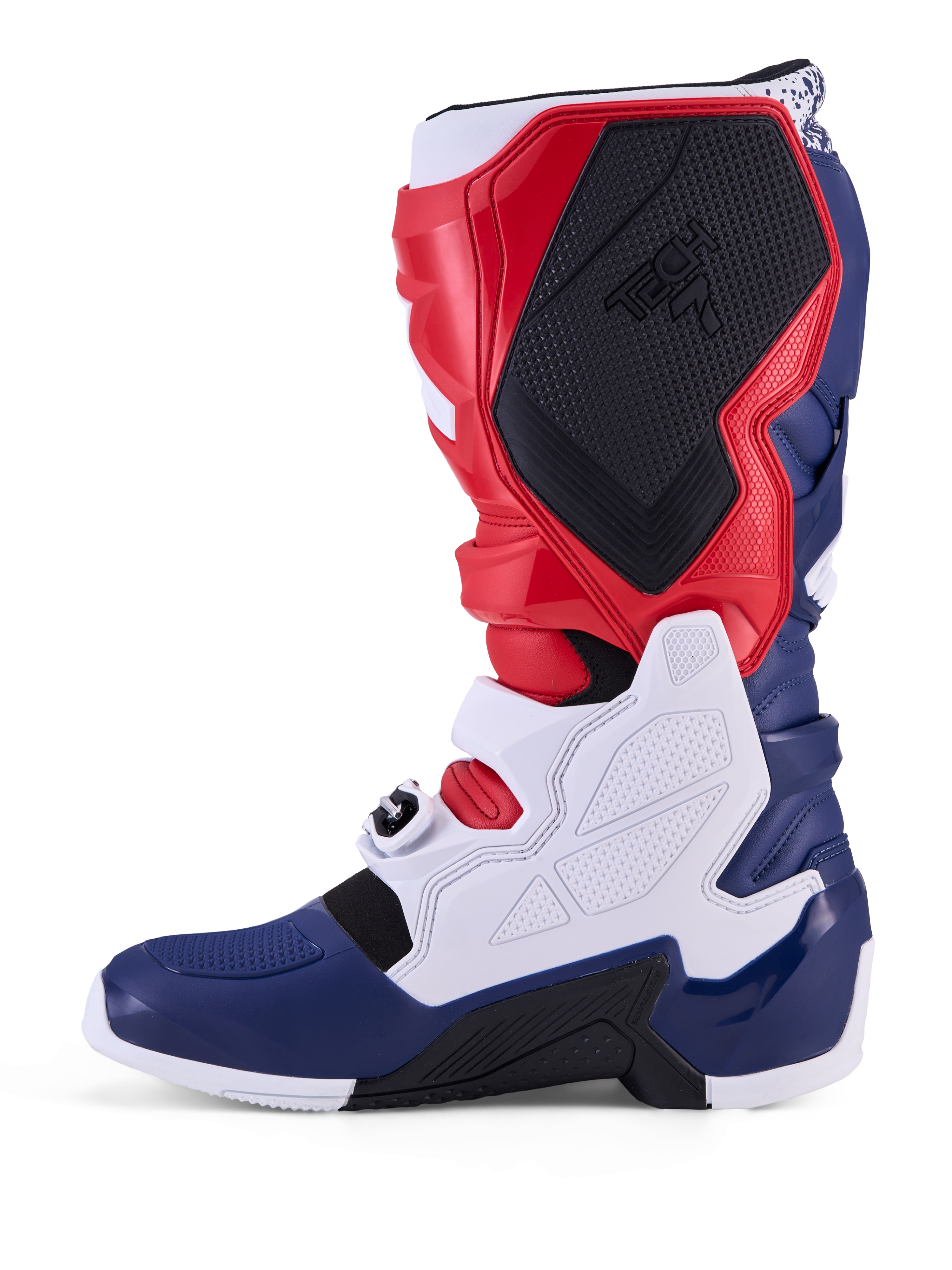 Alpinestars Tech 7, botas de motocross, rojas, blancas y azules, edición limitada Unity con paneles de TPU y hebillas.