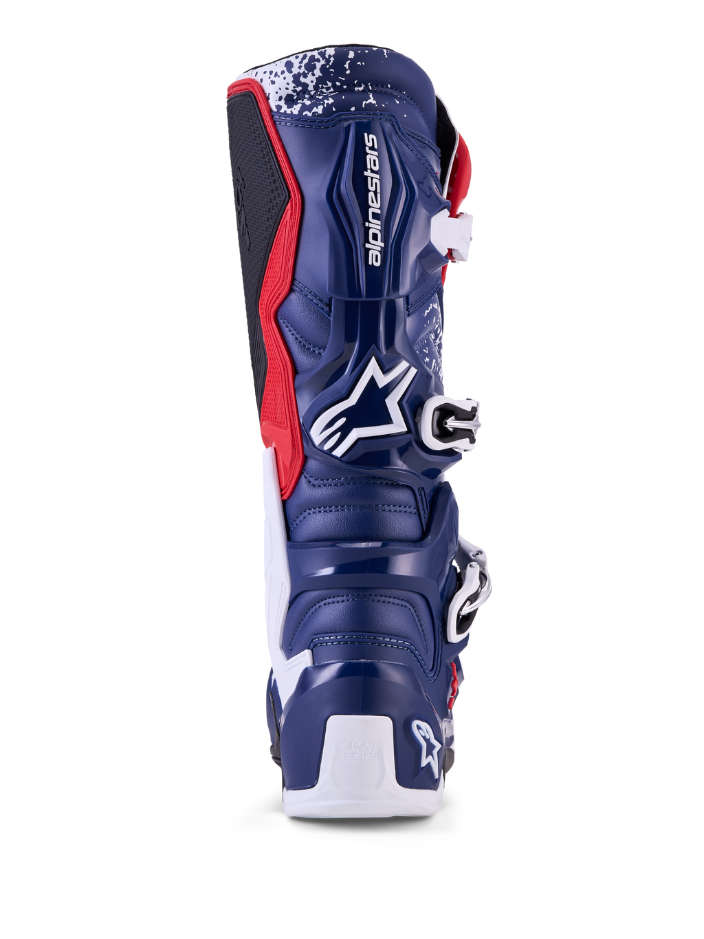 Alpinestars Tech 7 Unity, botas de motocross para hombre, edición limitada, azules, blancas y rojas, vista trasera con carcasa protectora de TPU.