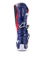 Alpinestars Tech 7 Unity, botas de motocross para hombre, edición limitada, azules, blancas y rojas, vista trasera con carcasa protectora de TPU.