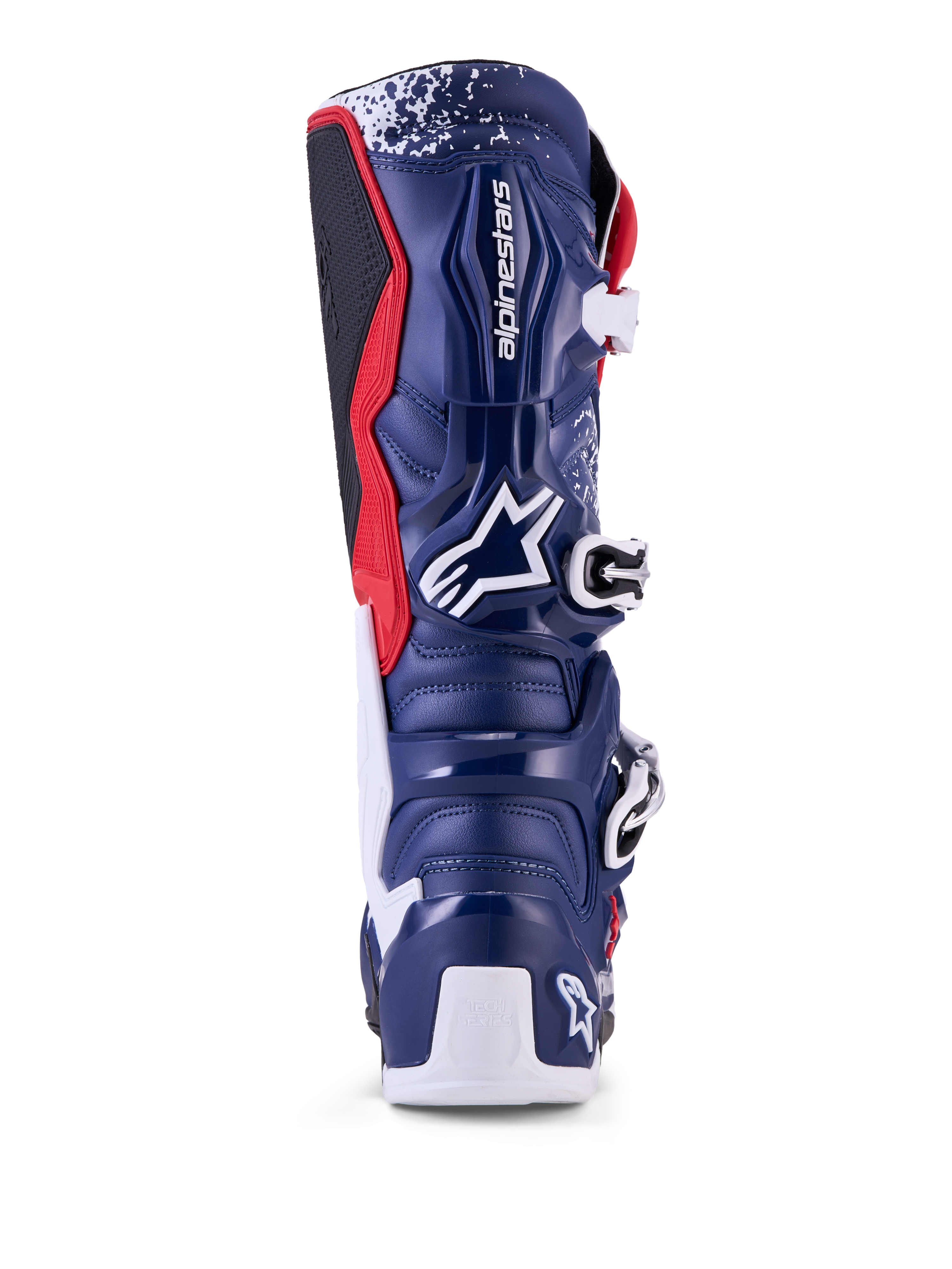 Alpinestars Tech 7 Unity, botas de motocross para hombre, edición limitada, azules, blancas y rojas, vista trasera con carcasa protectora de TPU.