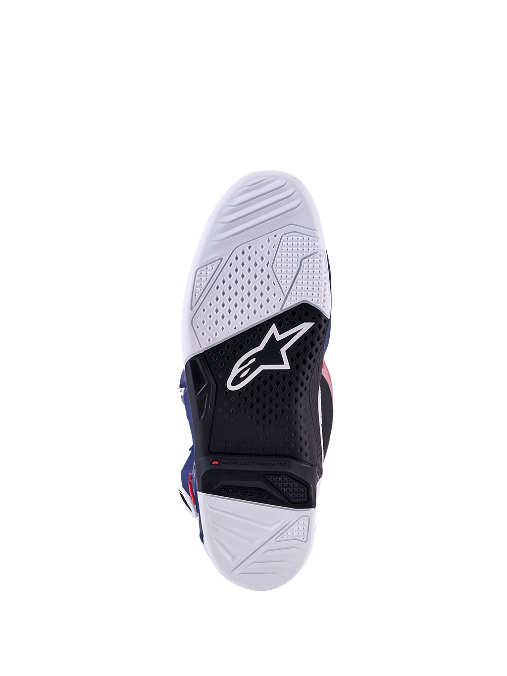 Alpinestars Tech 7 Unity, suela de bota de motocross blanca y negra con indicador de límite de desgaste para off-road
