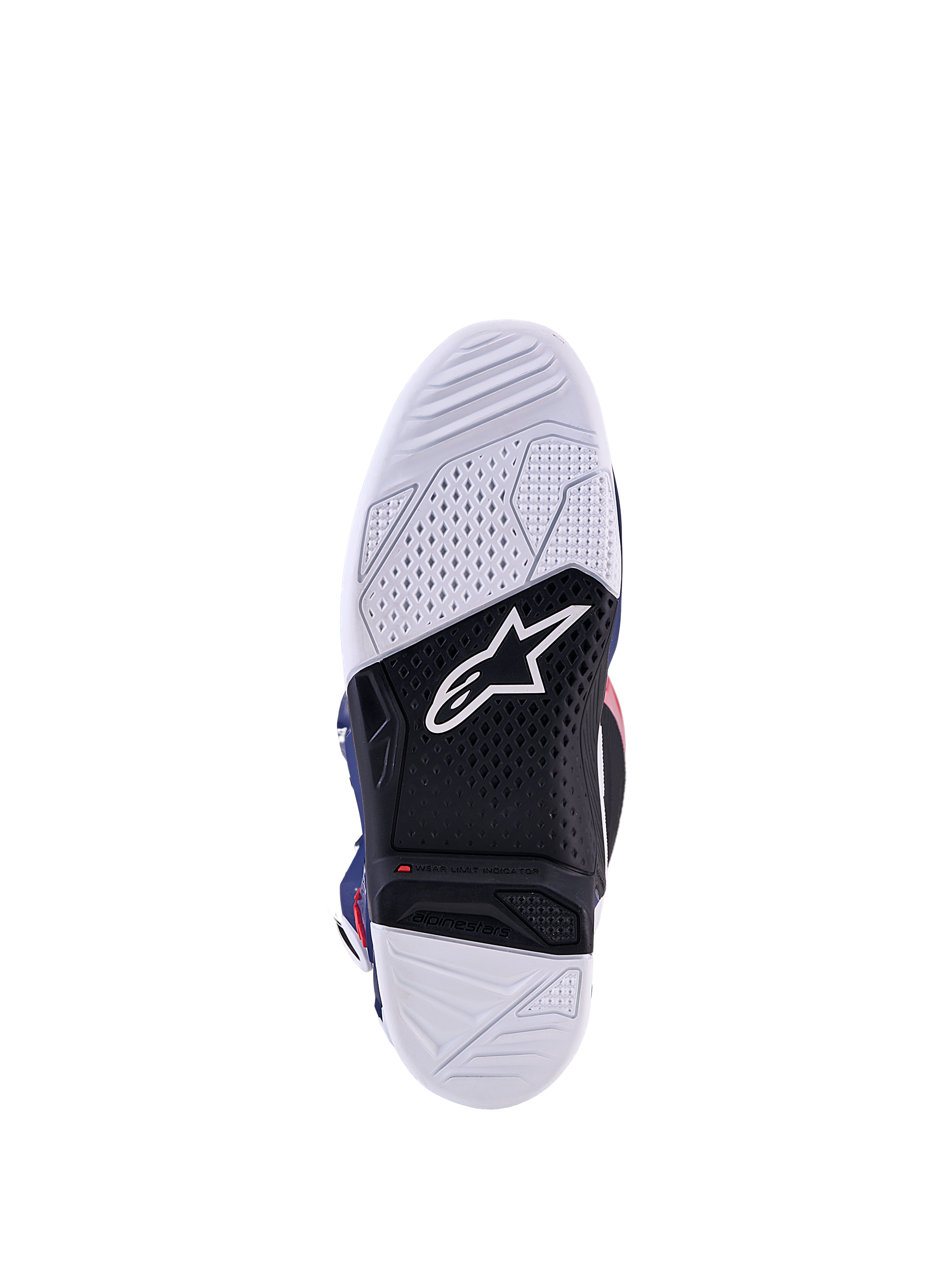 Alpinestars Tech 7 Unity, suela de bota de motocross blanca y negra con indicador de límite de desgaste para off-road