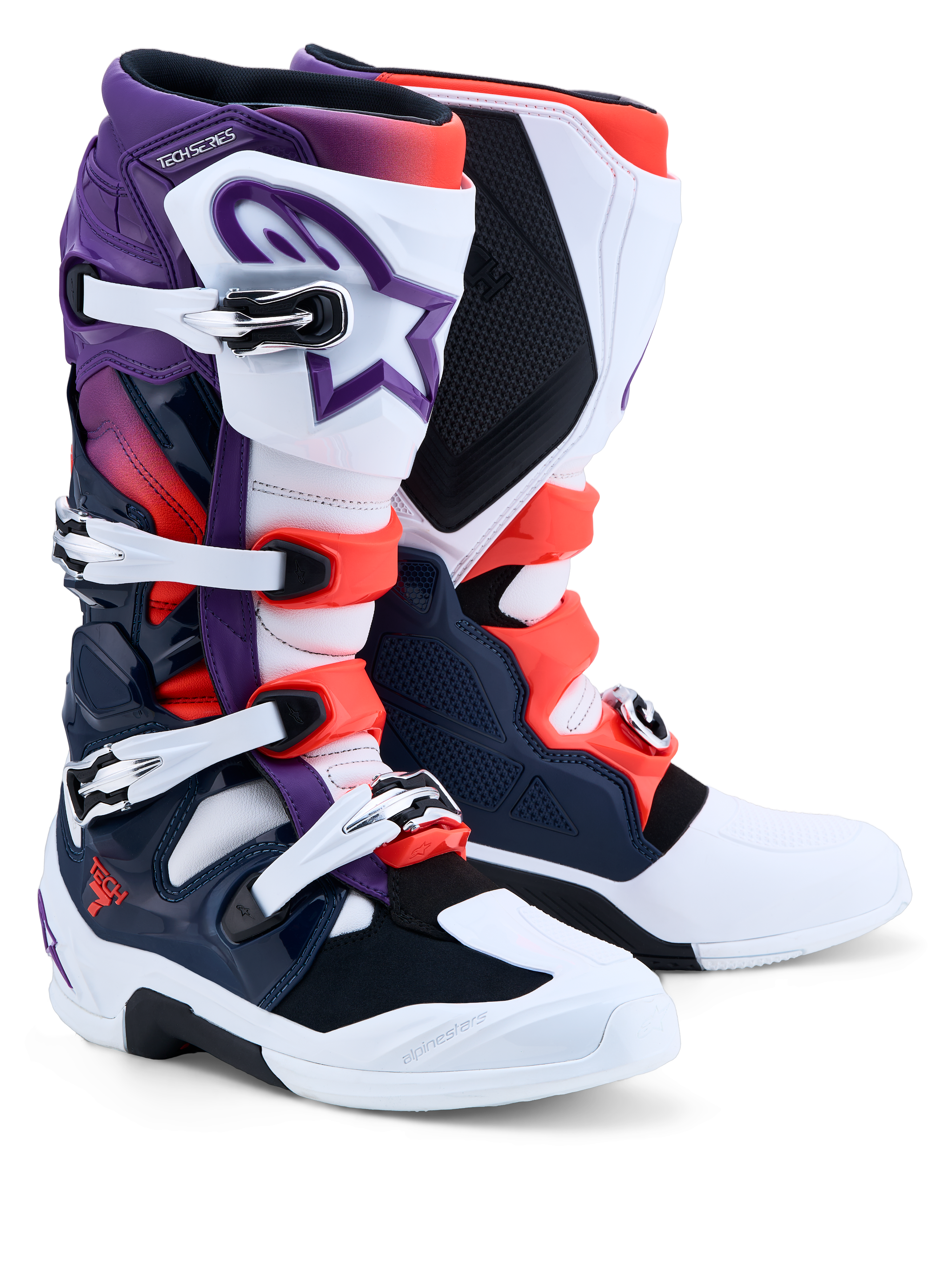 Alpinestars botas Tech 7, botas de motocross para hombre, moradas, blancas y azul oscuro con rojo flúor, protección de TPU, certificadas CE.