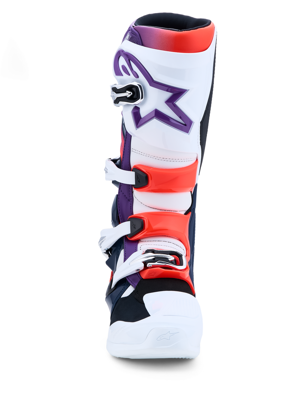 Alpinestars Tech 7, botas de motocross en morado, blanco y rojo flúor con protecciones de TPU y cierres de hebilla