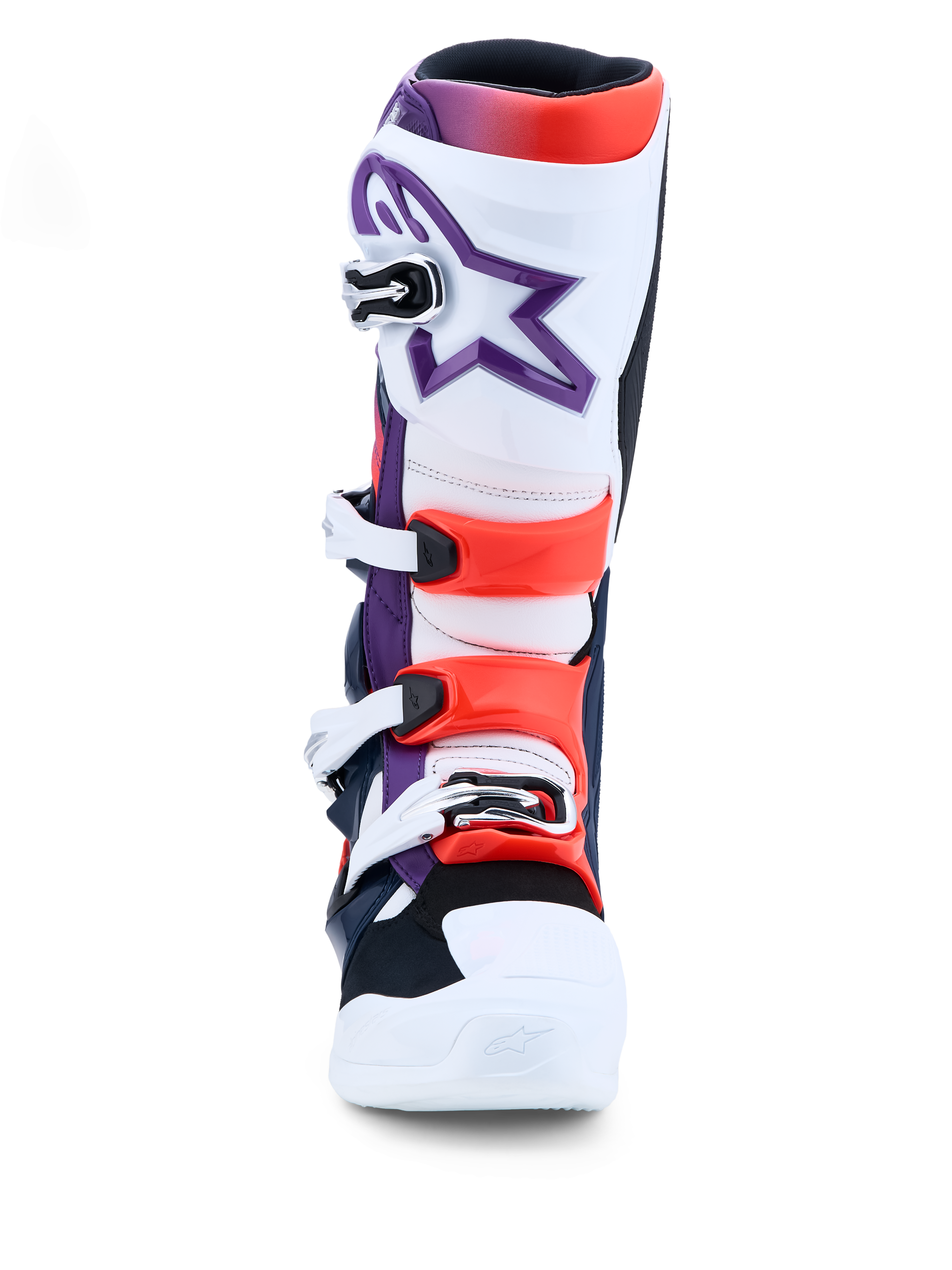 Alpinestars Tech 7, botas de motocross en morado, blanco y rojo flúor con protecciones de TPU y cierres de hebilla