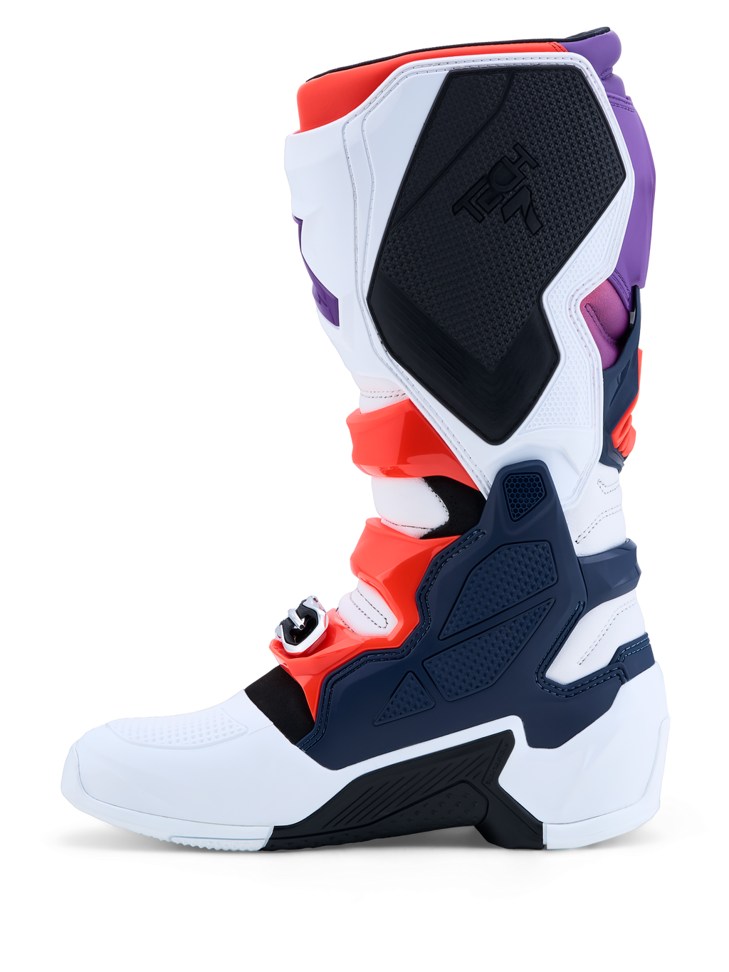 Alpinestars botas Tech 7 de motocross para hombre, blancas y azul oscuro con detalles morados, rojo flúor y placas TPU