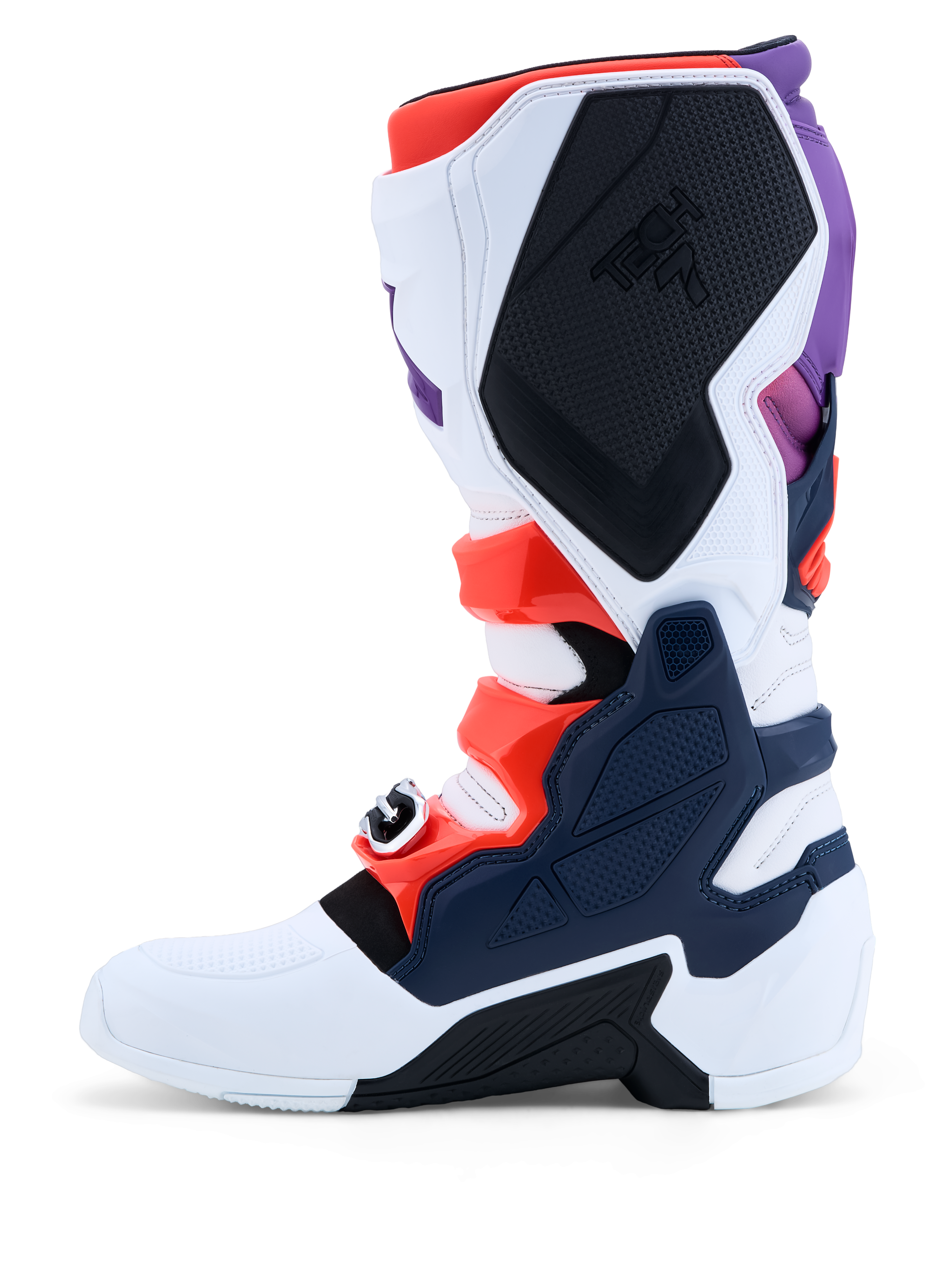 Alpinestars botas Tech 7 de motocross para hombre, blancas y azul oscuro con detalles morados, rojo flúor y placas TPU