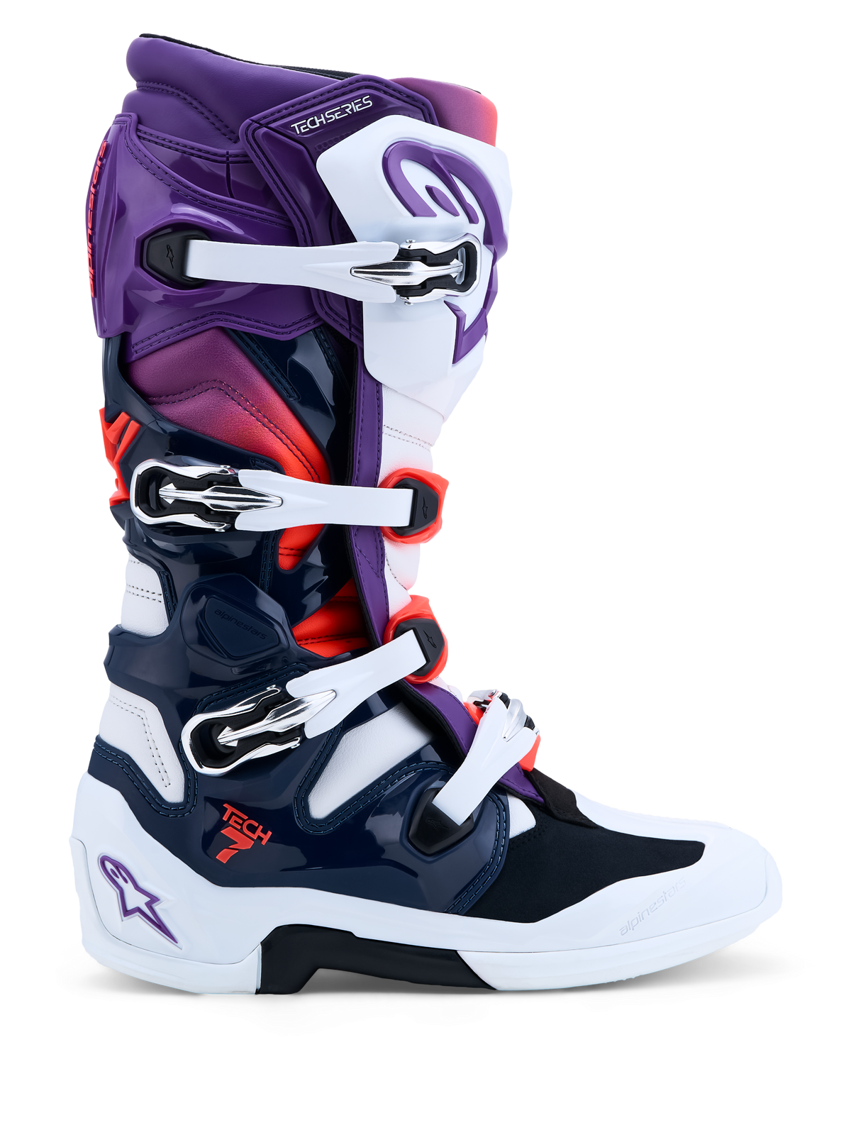 Alpinestars Tech 7, botas de motocross, moradas, blancas y azul oscuro, sistema de doble pivote, certificación CE