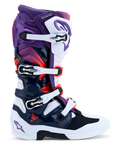 Alpinestars Tech 7 Motocross Boots in purple, white, and dark blue, with dual pivot system and CE-certified protection.