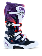 Alpinestars Tech 7, botas de motocross, moradas, blancas y azul oscuro, sistema de doble pivote, certificación CE