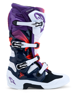 Alpinestars Tech 7, botas de motocross, moradas, blancas y azul oscuro, sistema de doble pivote, certificación CE
