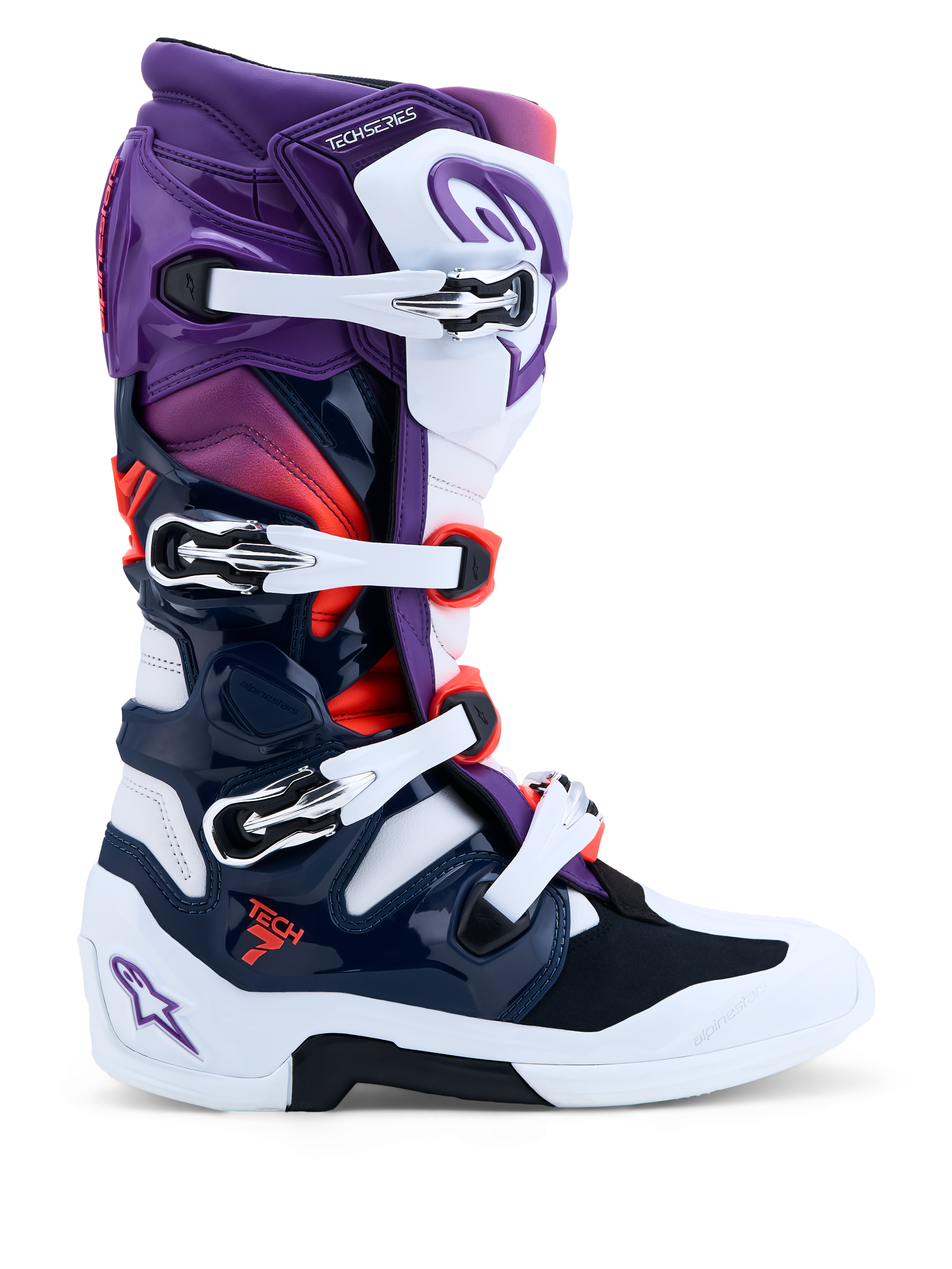 Alpinestars Tech 7, botas de motocross, moradas, blancas y azul oscuro, sistema de doble pivote, certificación CE