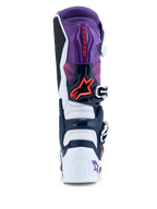 Alpinestars botas Tech 7 para hombre, vista trasera de motocross, morado y blanco, detalles rojo fluo y protección de TPU.