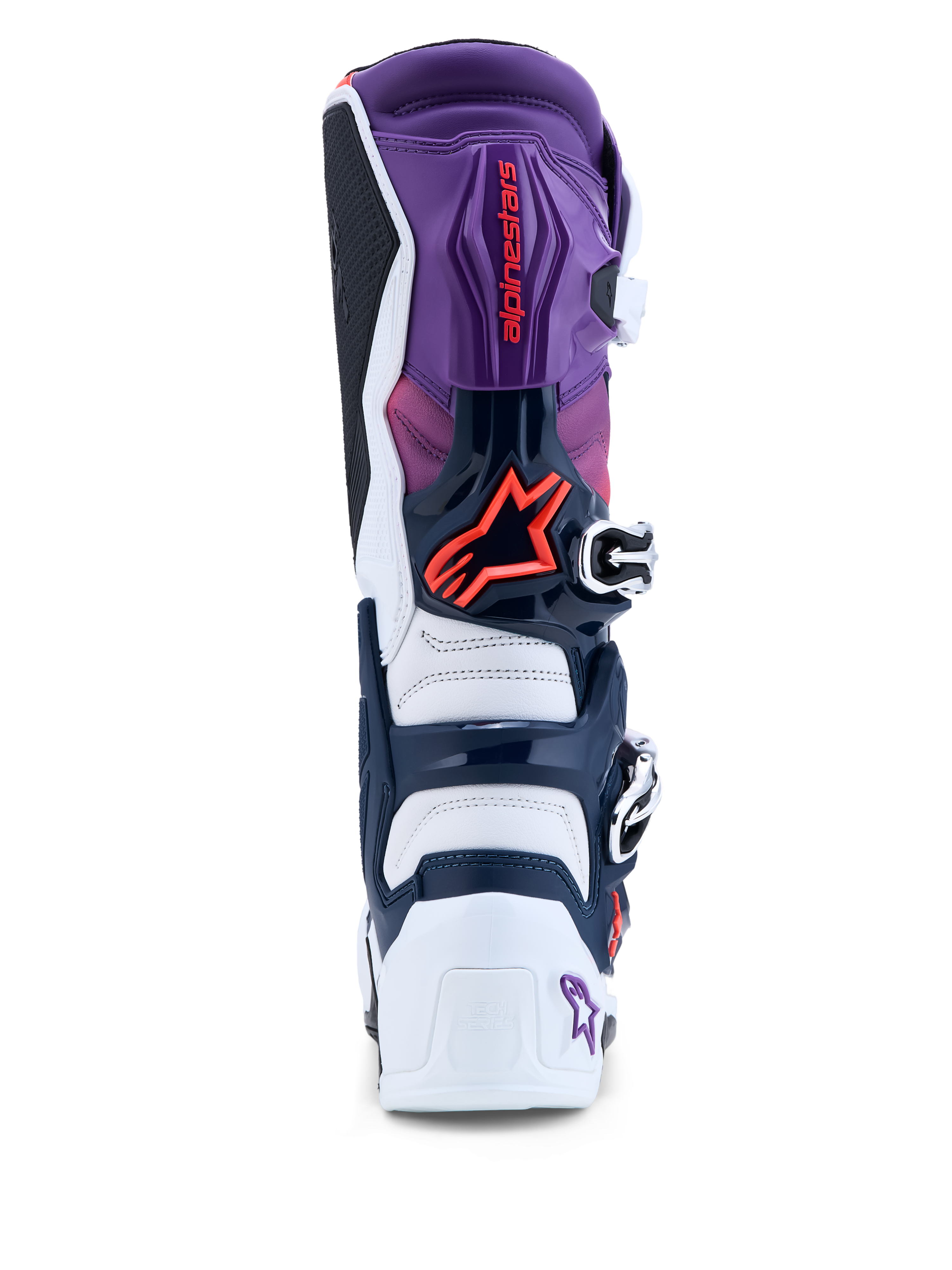 Alpinestars botas Tech 7 para hombre, vista trasera de motocross, morado y blanco, detalles rojo fluo y protección de TPU.