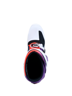 Alpinestars botas Tech 7, botas de motocross moradas y blancas, vista superior con acolchado y sistema de hebillas seguro