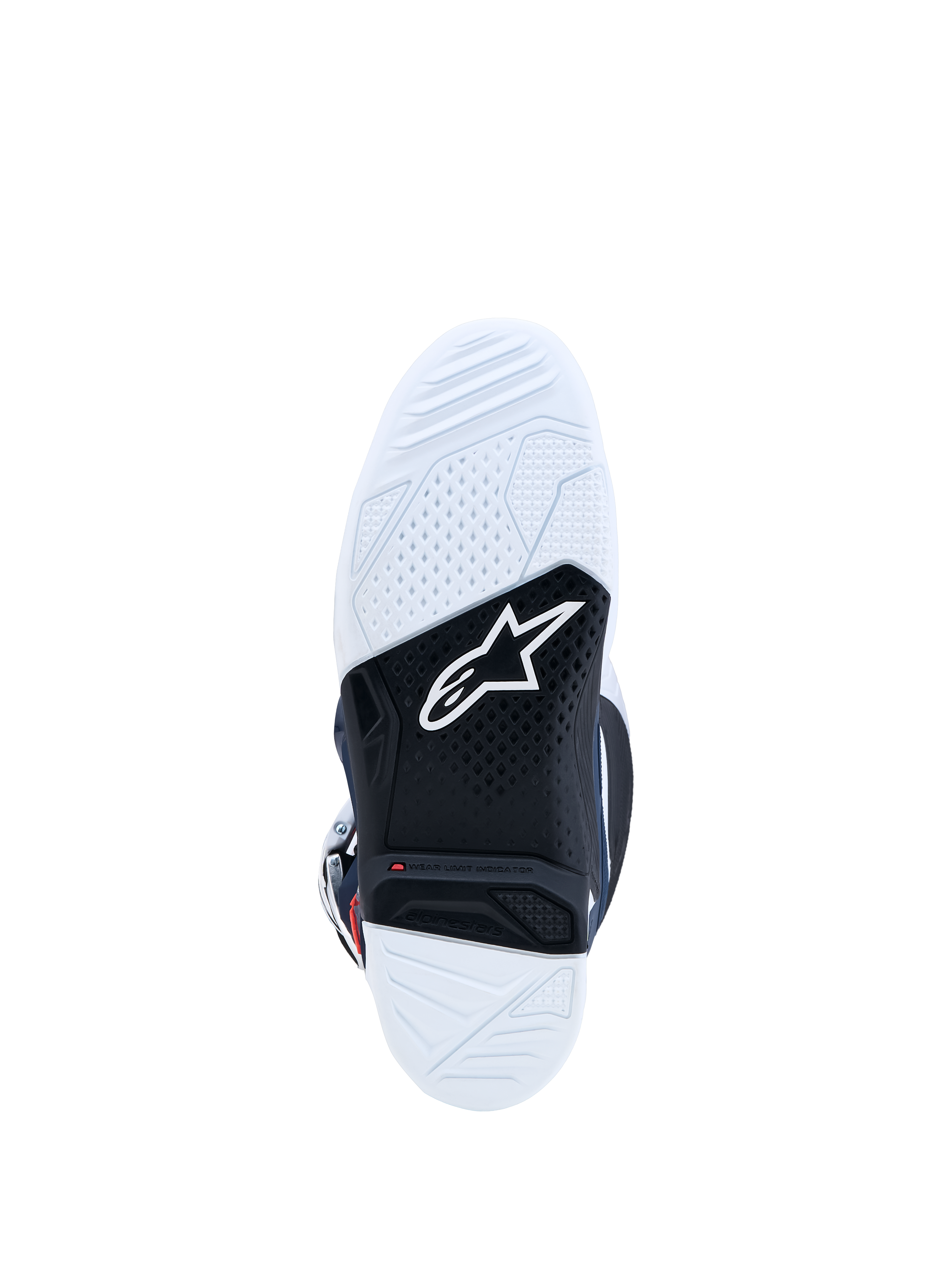 Botas Alpinestars Tech 7, suela de goma de doble compuesto para motocross, blanca y negra, con indicador de límite de desgaste rojo