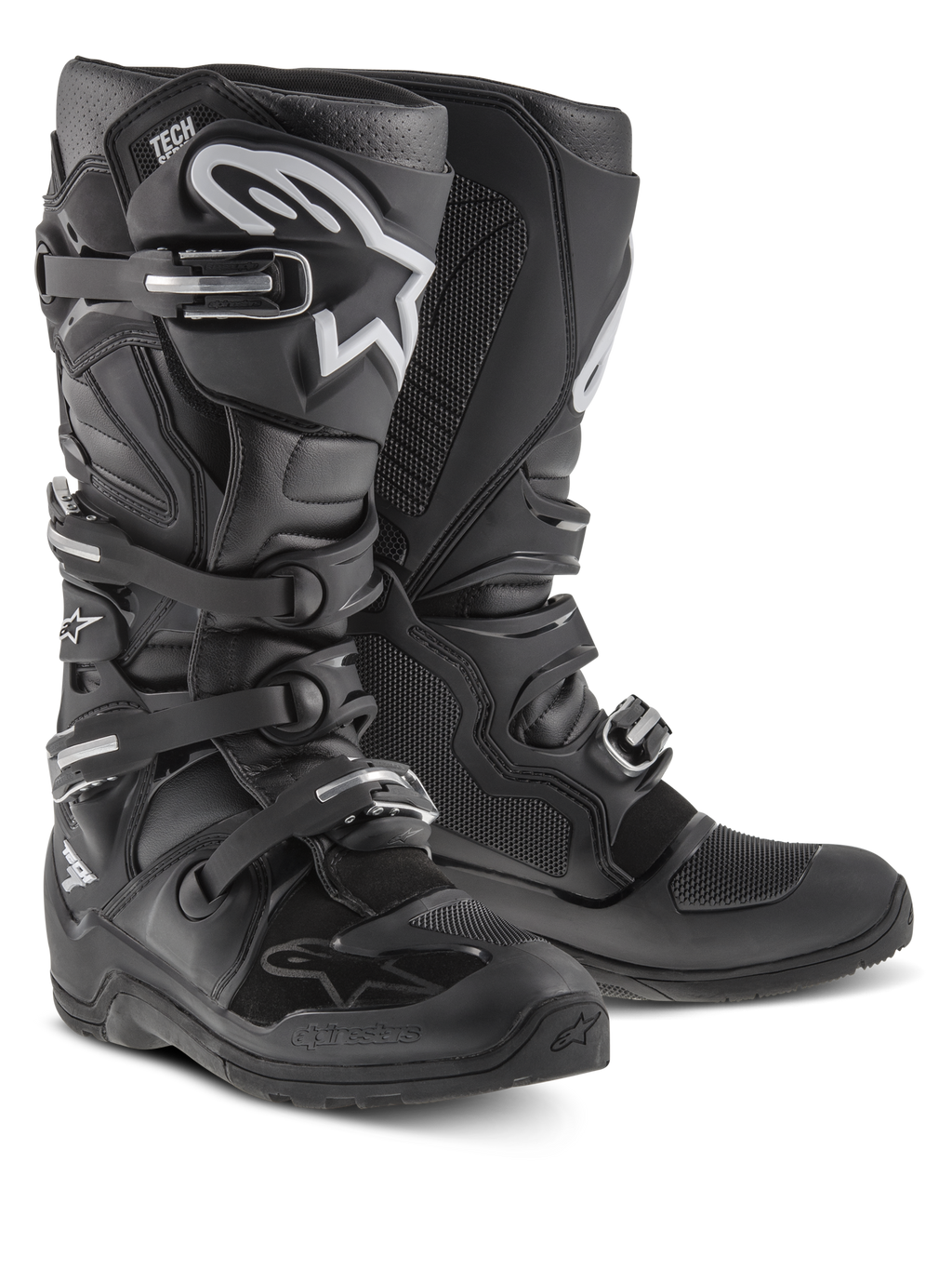 Botas Alpinestars Tech 7 Enduro, botas de motocross y off-road, negras con logotipo Alpinestars en blanco, con cuatro hebillas ajustables, placa de espinilla de TPU y suela duradera específica para enduro