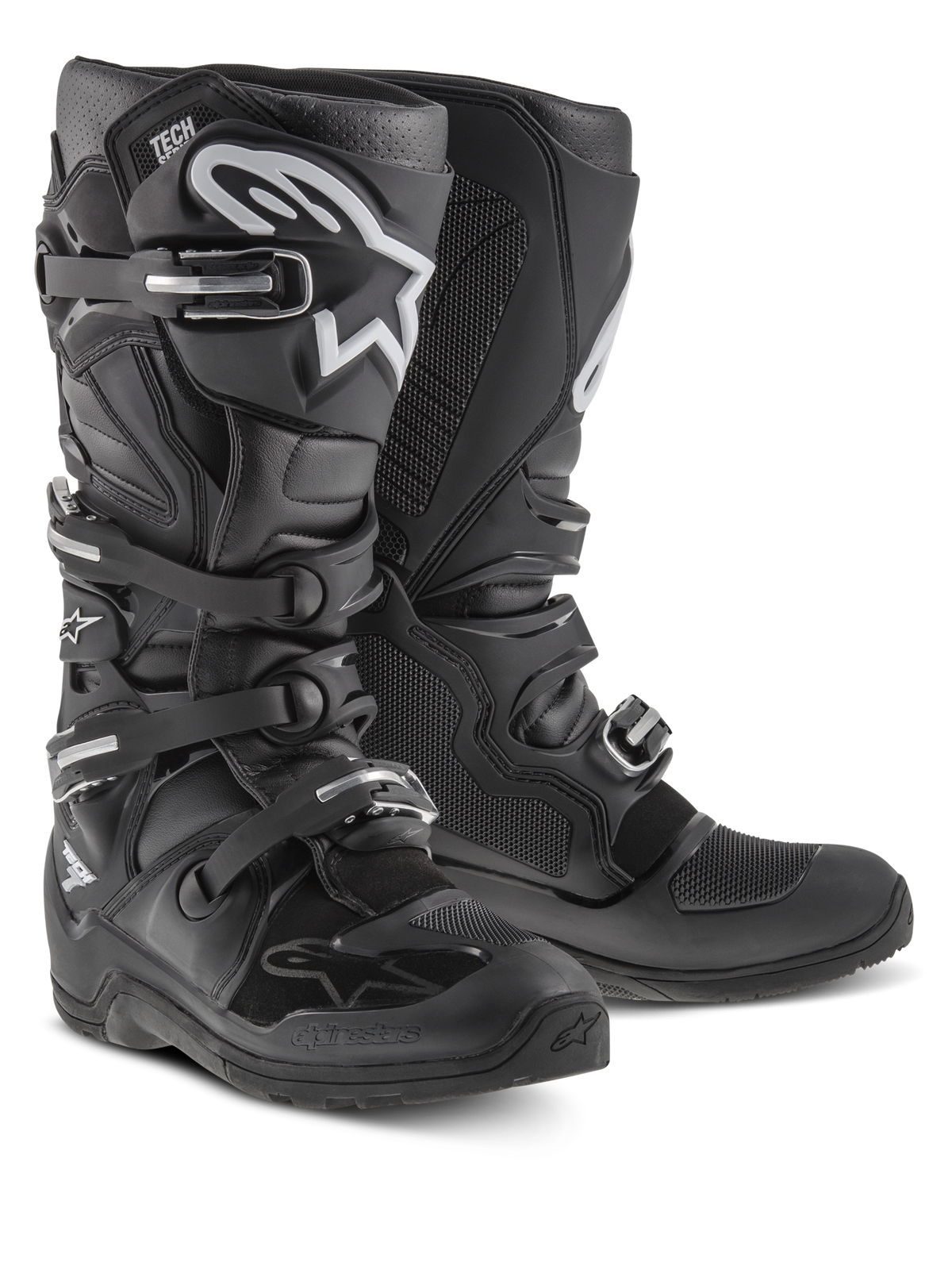 Botas Alpinestars Tech 7 Enduro, botas de motocross y off-road, negras con logotipo Alpinestars en blanco, con cuatro hebillas ajustables, placa de espinilla de TPU y suela duradera específica para enduro