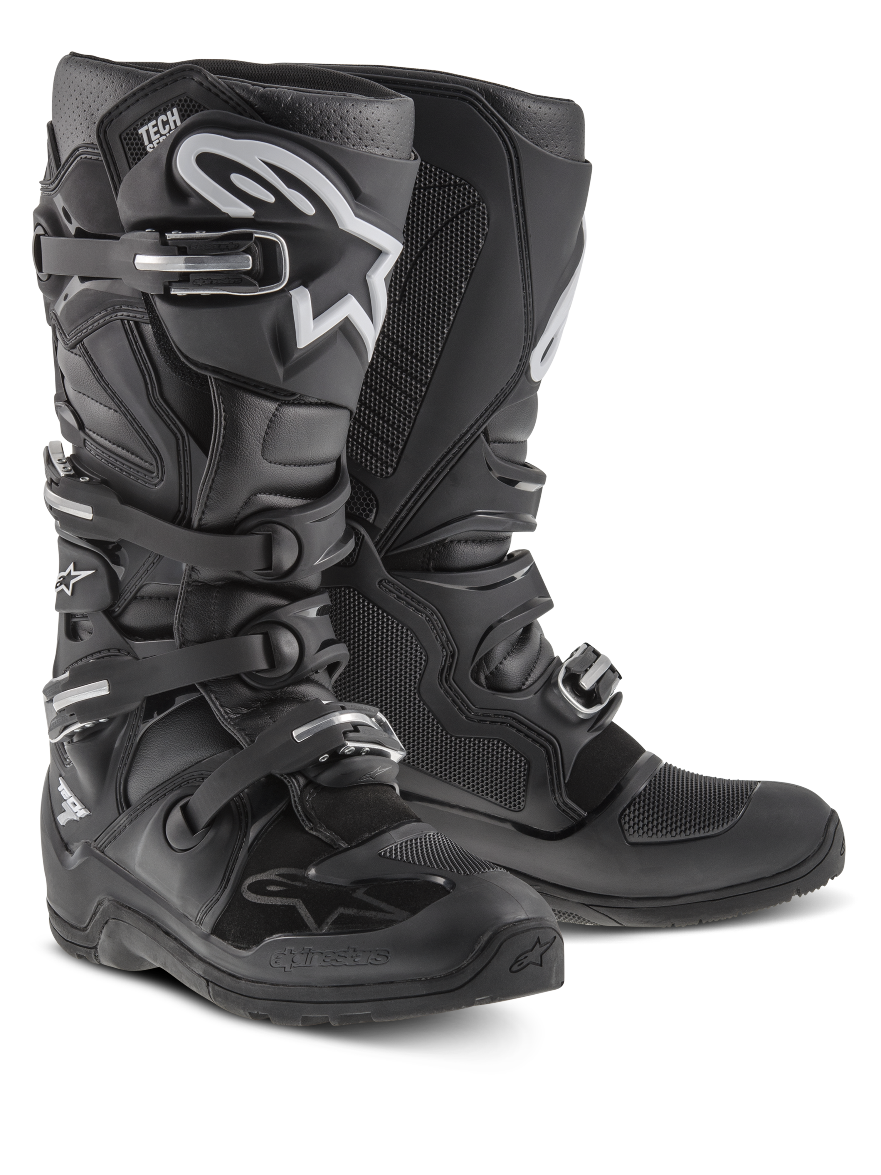Botas Alpinestars Tech 7 Enduro, botas de motocross y off-road, negras con logotipo Alpinestars en blanco, con cuatro hebillas ajustables, placa de espinilla de TPU y suela duradera específica para enduro