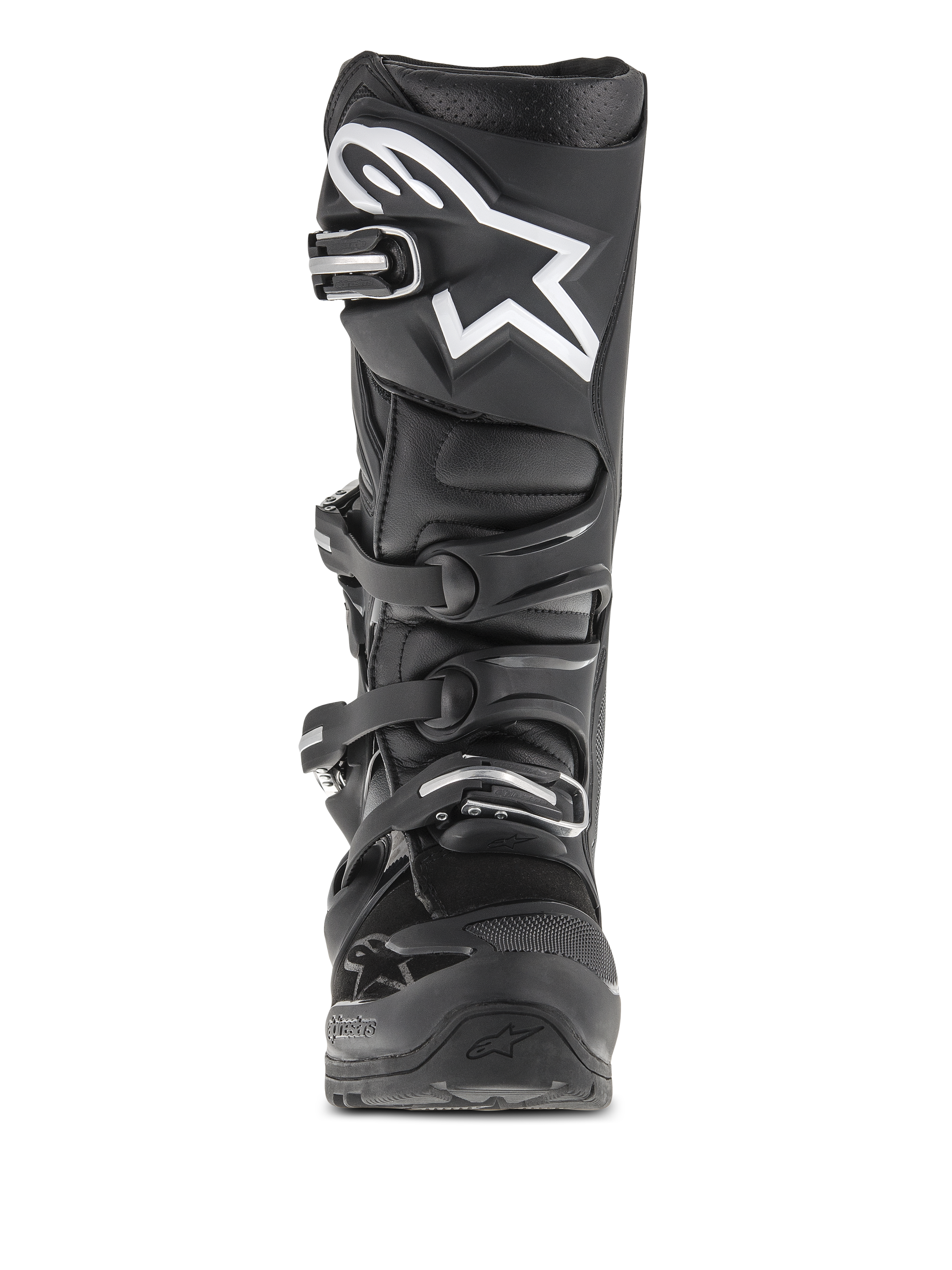 Botas Alpinestars Tech 7 Enduro, botas de motocross y enduro, negras, vista frontal con logotipo de estrella blanca en la espinilla, sistema de cierre de cuatro hebillas y estructura protectora reforzada para uso off-road