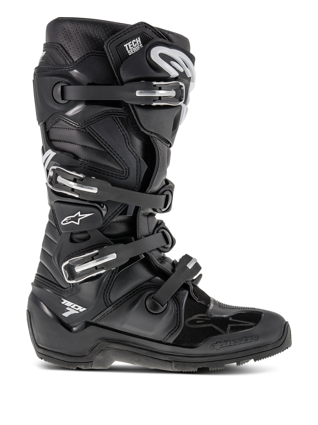 Botas Alpinestars Tech 7 Enduro, botas de motocross negras con cuatro hebillas ajustables y chasis de TPU reforzado, suela robusta con tacos para tracción off-road, logotipo de estrella blanca y marca Tech 7, calzado duradero de alto rendimiento para enduro
