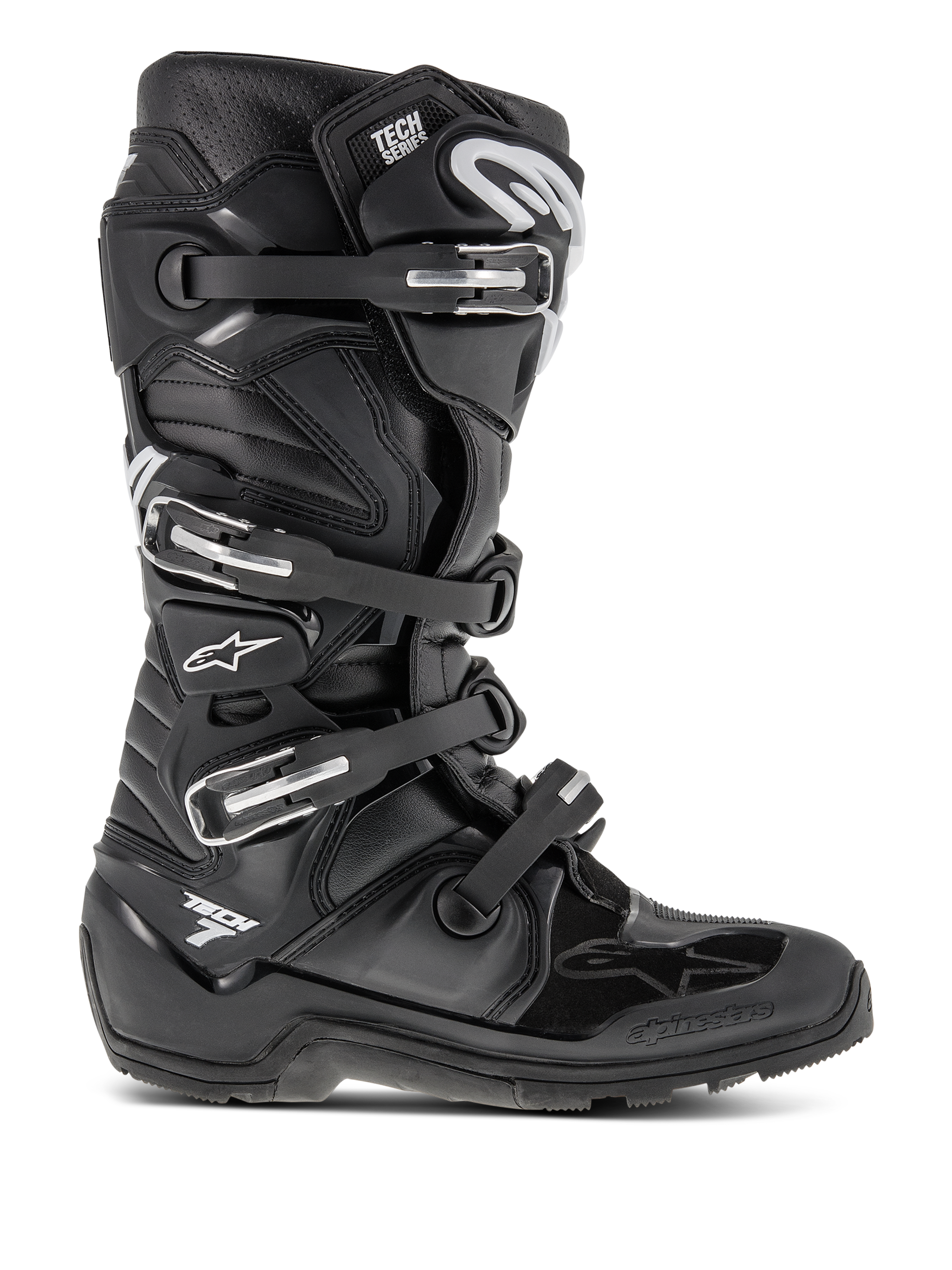 Botas Alpinestars Tech 7 Enduro, botas de motocross negras con cuatro hebillas ajustables y chasis de TPU reforzado, suela robusta con tacos para tracción off-road, logotipo de estrella blanca y marca Tech 7, calzado duradero de alto rendimiento para enduro