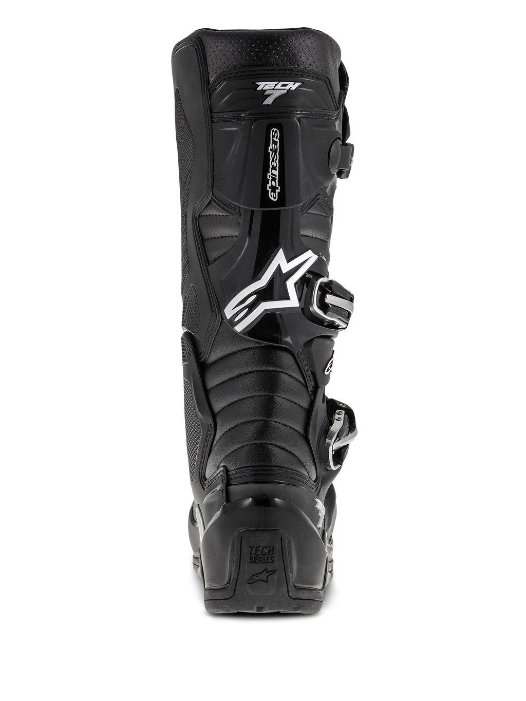 Botas Alpinestars Tech 7 Enduro, negras, vista trasera con el logotipo de Astars en blanco y la marca "Tech 7", carcasa protectora de TPU con sistema de hebillas, construcción duradera para carreras de motocross y todoterreno
