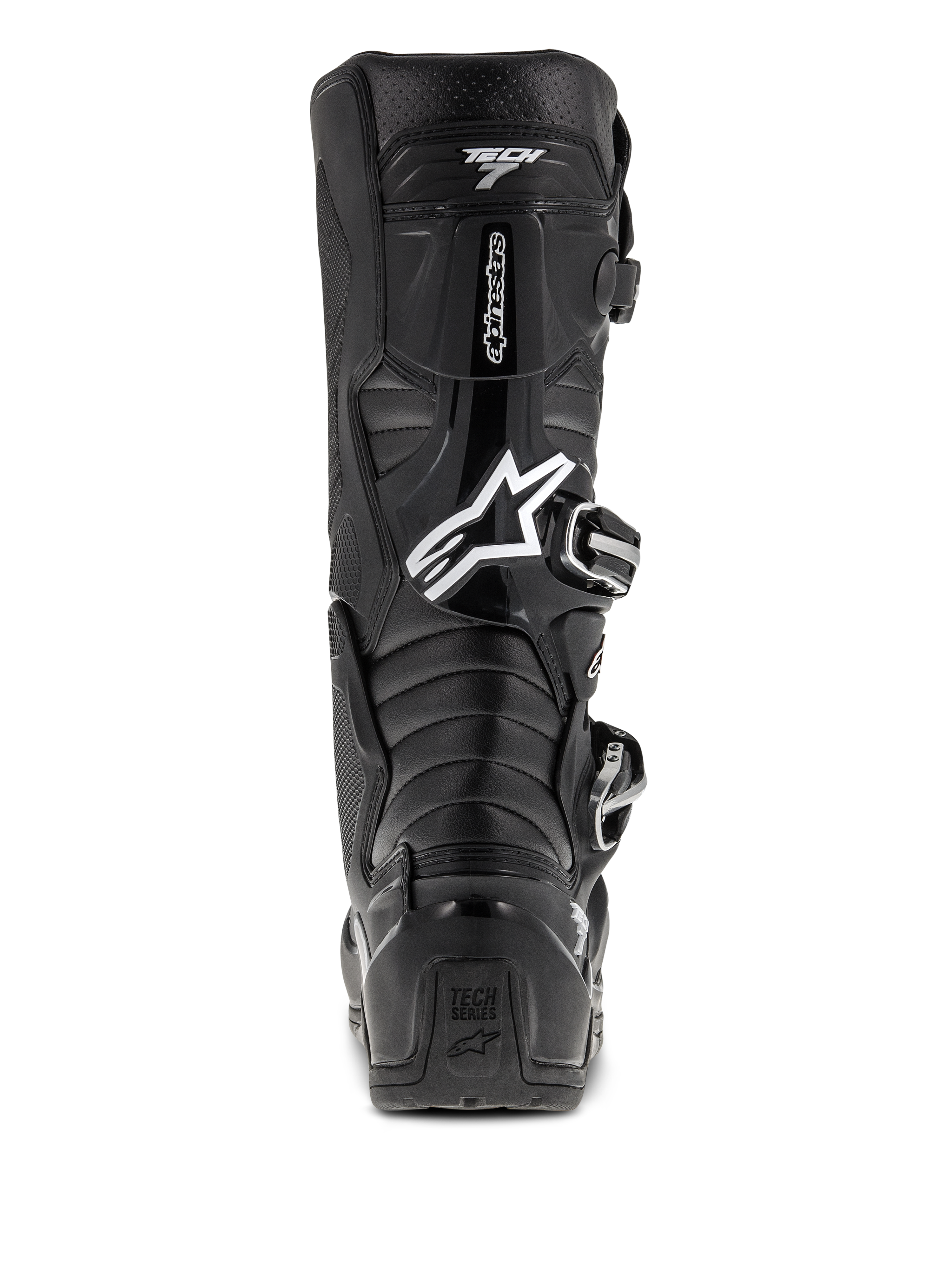 Botas Alpinestars Tech 7 Enduro, negras, vista trasera con el logotipo de Astars en blanco y la marca "Tech 7", carcasa protectora de TPU con sistema de hebillas, construcción duradera para carreras de motocross y todoterreno